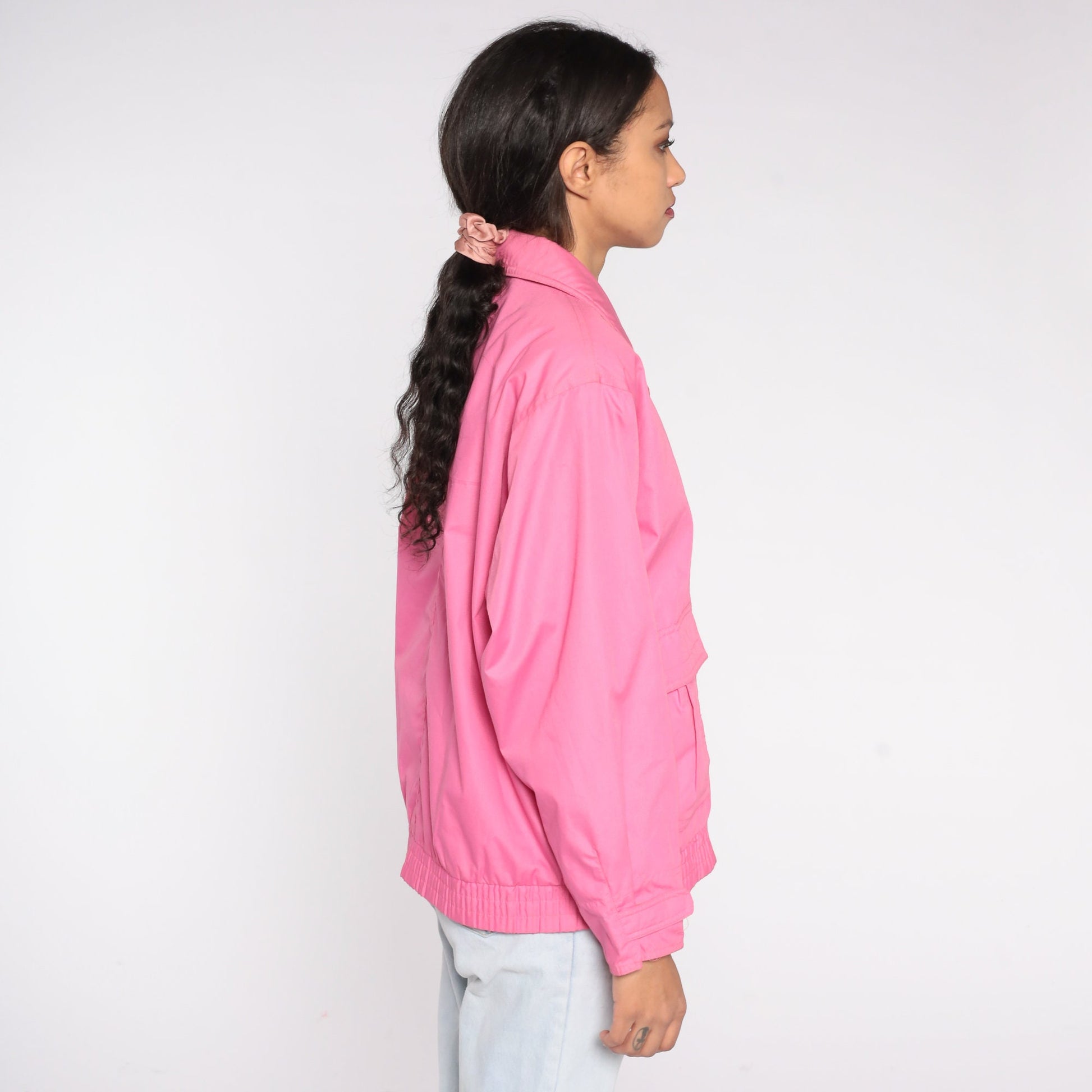 80s Bright Pink Windbreaker Jacket Snap Zip Front Spring Coat Large L