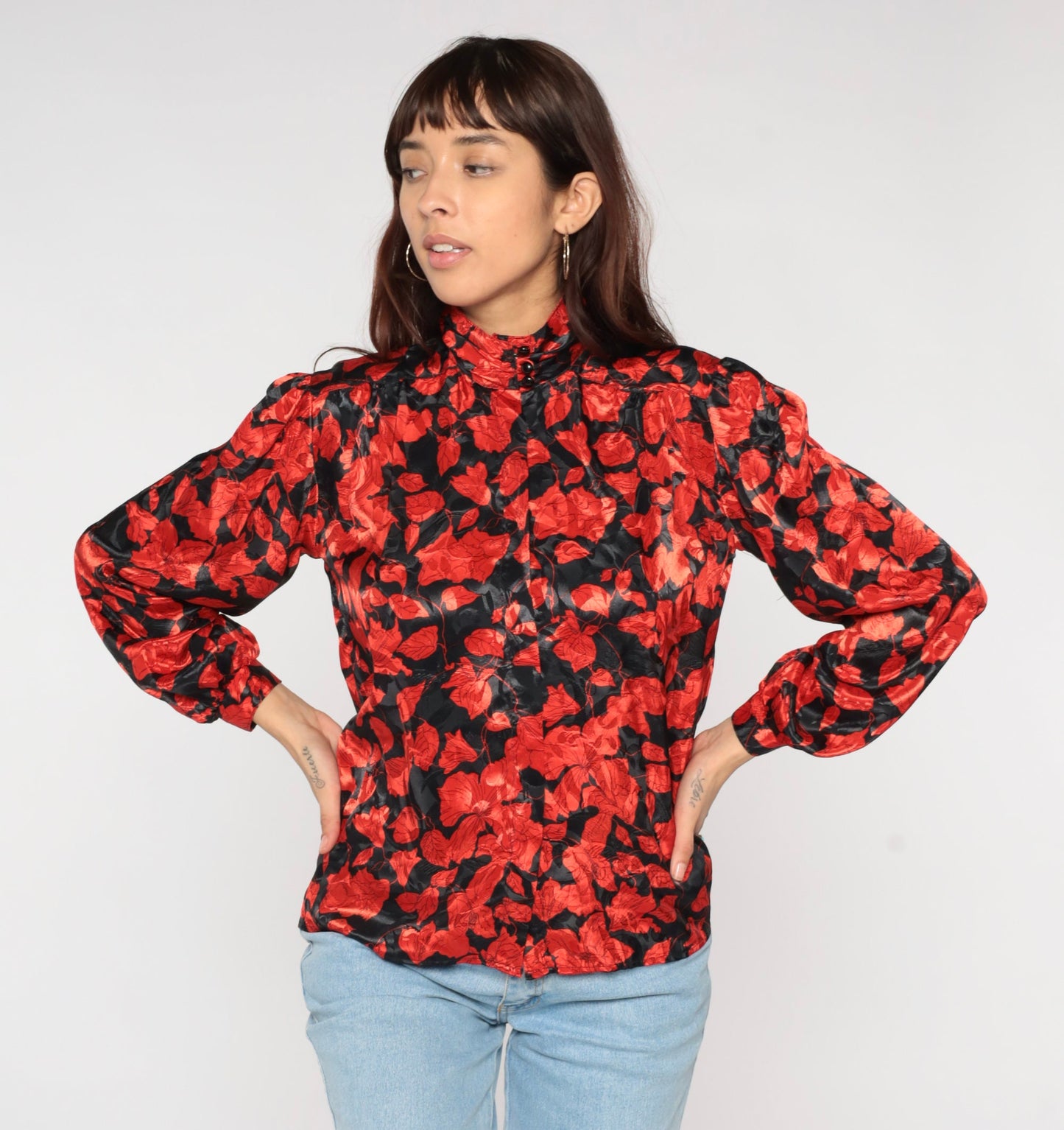80s Black Red Floral Puff Sleeve Button-Up Blouse Small