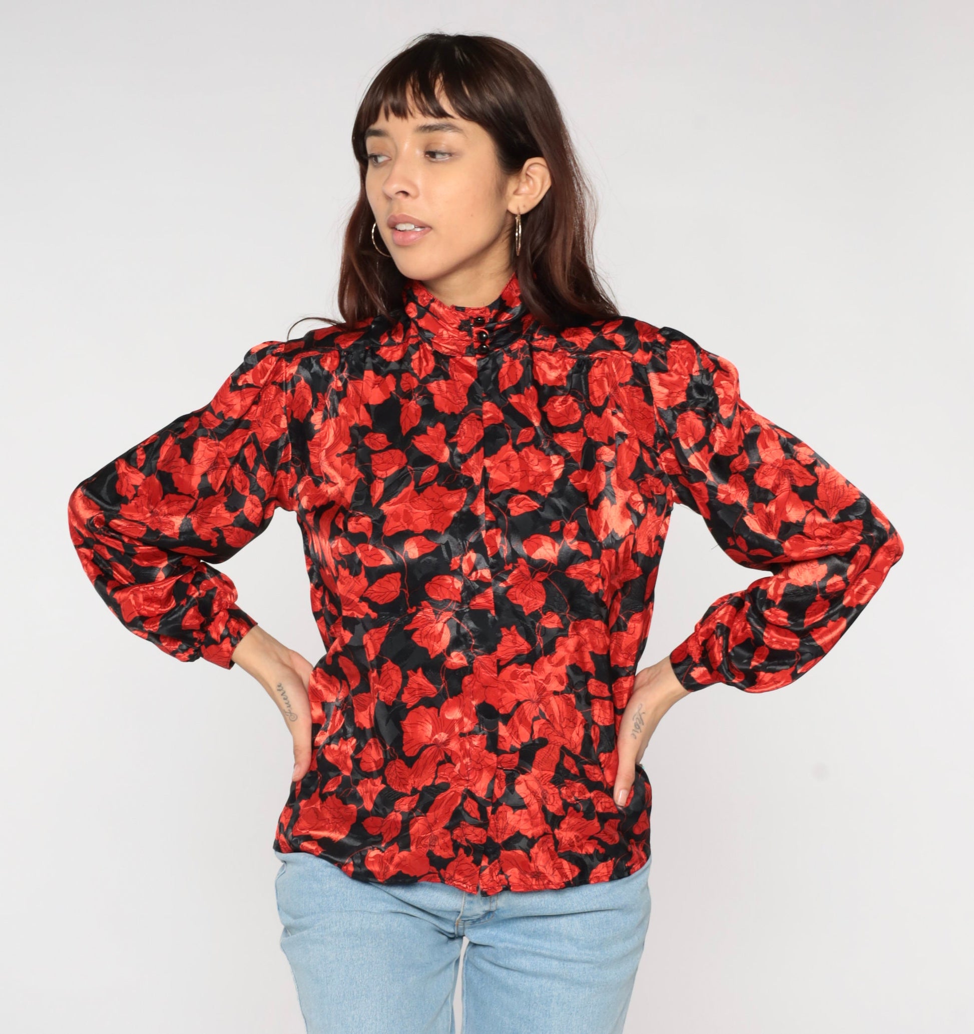 80s Black Red Floral Puff Sleeve Button-Up Blouse Small