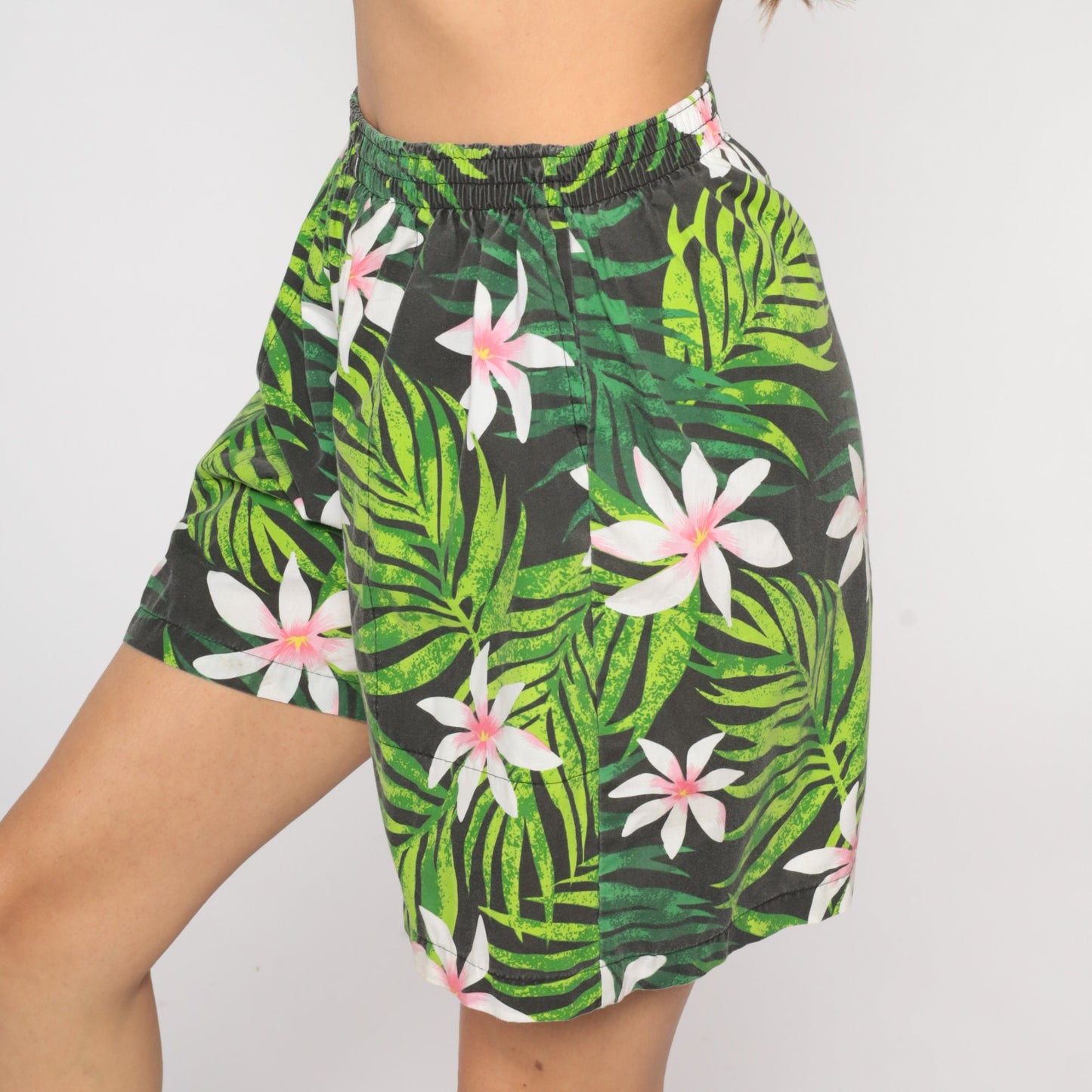 90s Tropical Leaf Floral Print Shorts High Waist Elastic Black Medium Large