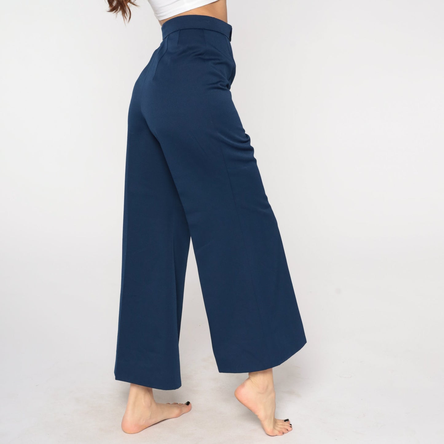 70s Navy Bell Bottom Trousers High Waist Flared Leg Small S