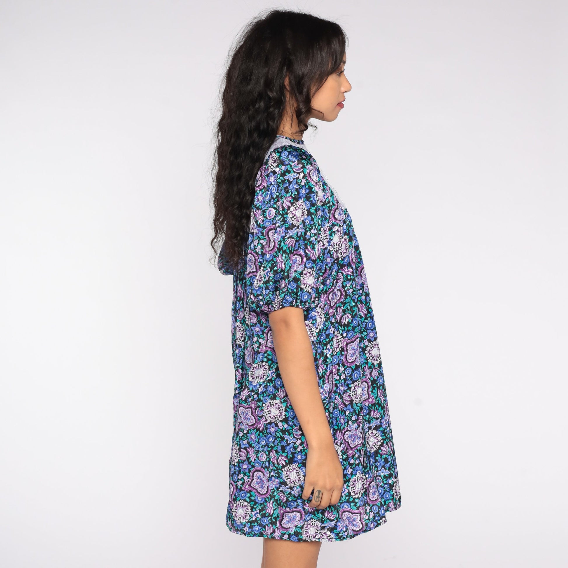 80s Blue Floral Babydoll Mini Dress Lace Bib Balloon Sleeve Small