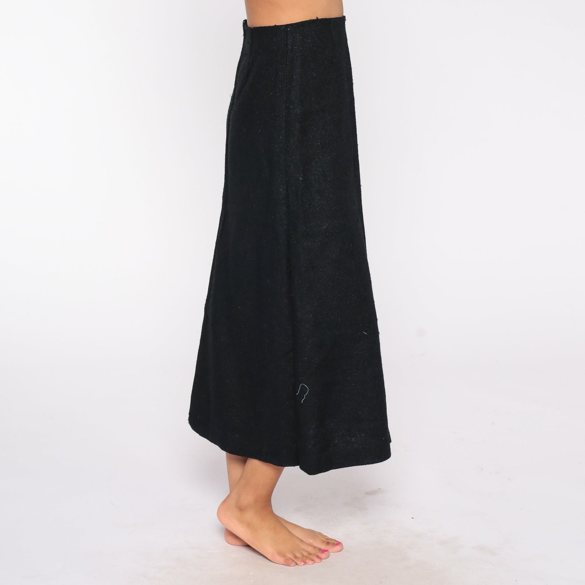 60s Black Tweed Maxi Skirt High Waist Back Zip Small