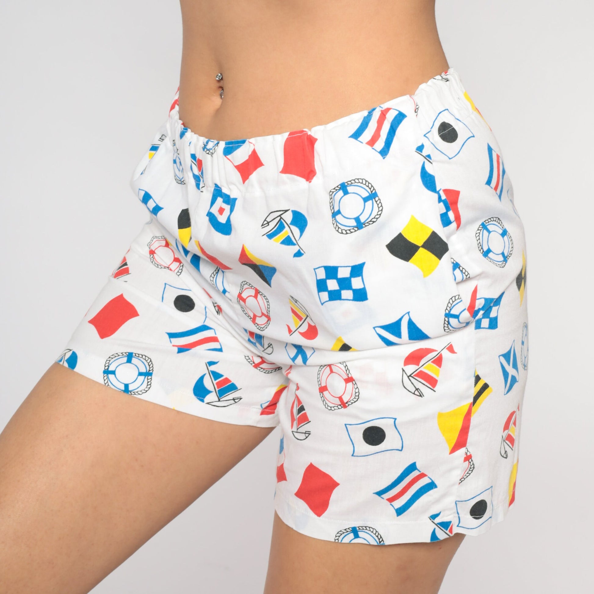 80s Nautical Print White Shorts Elastic Waist High Rise Small
