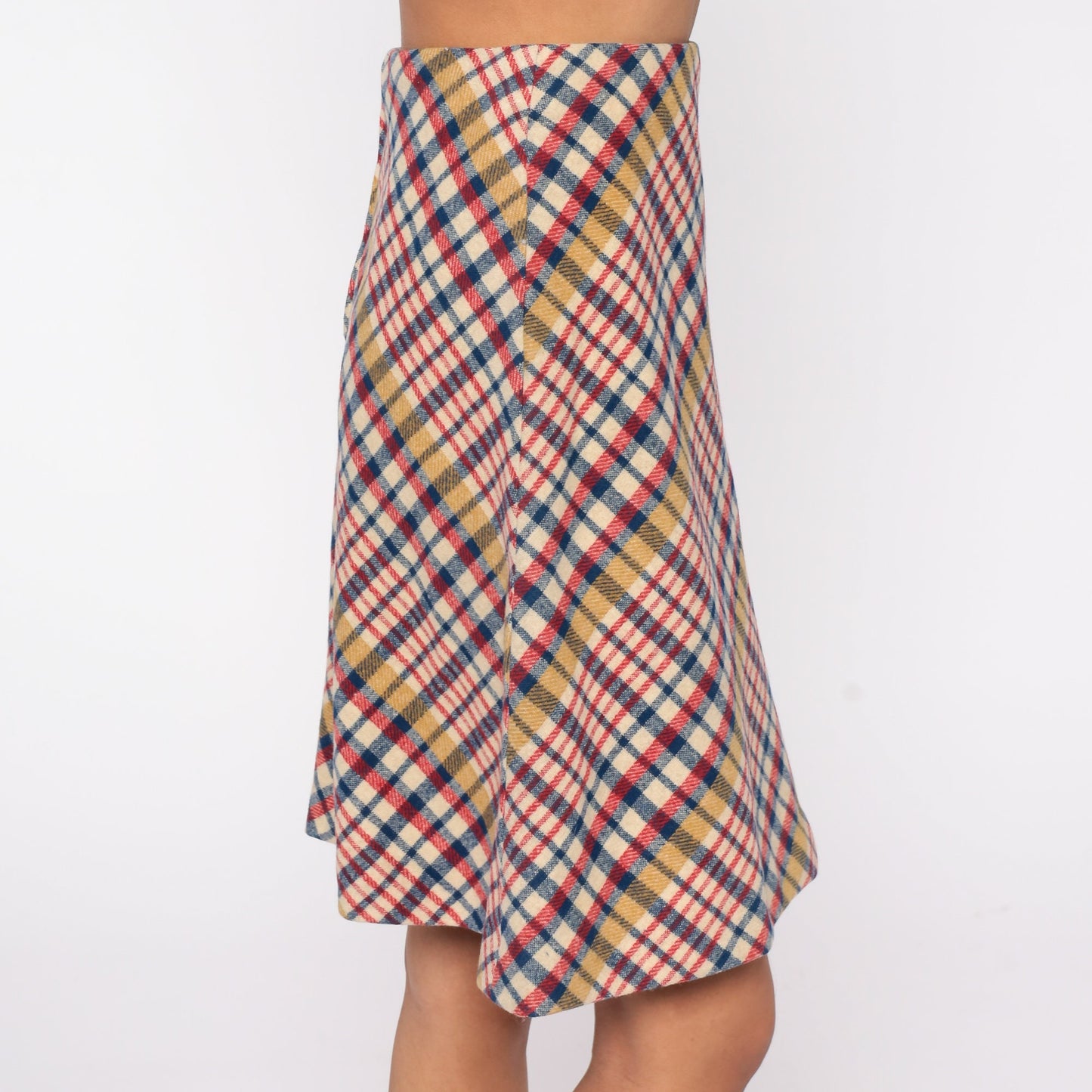 60s Madras Plaid Wool Skirt High Waist Flared Preppy Extra Small XS