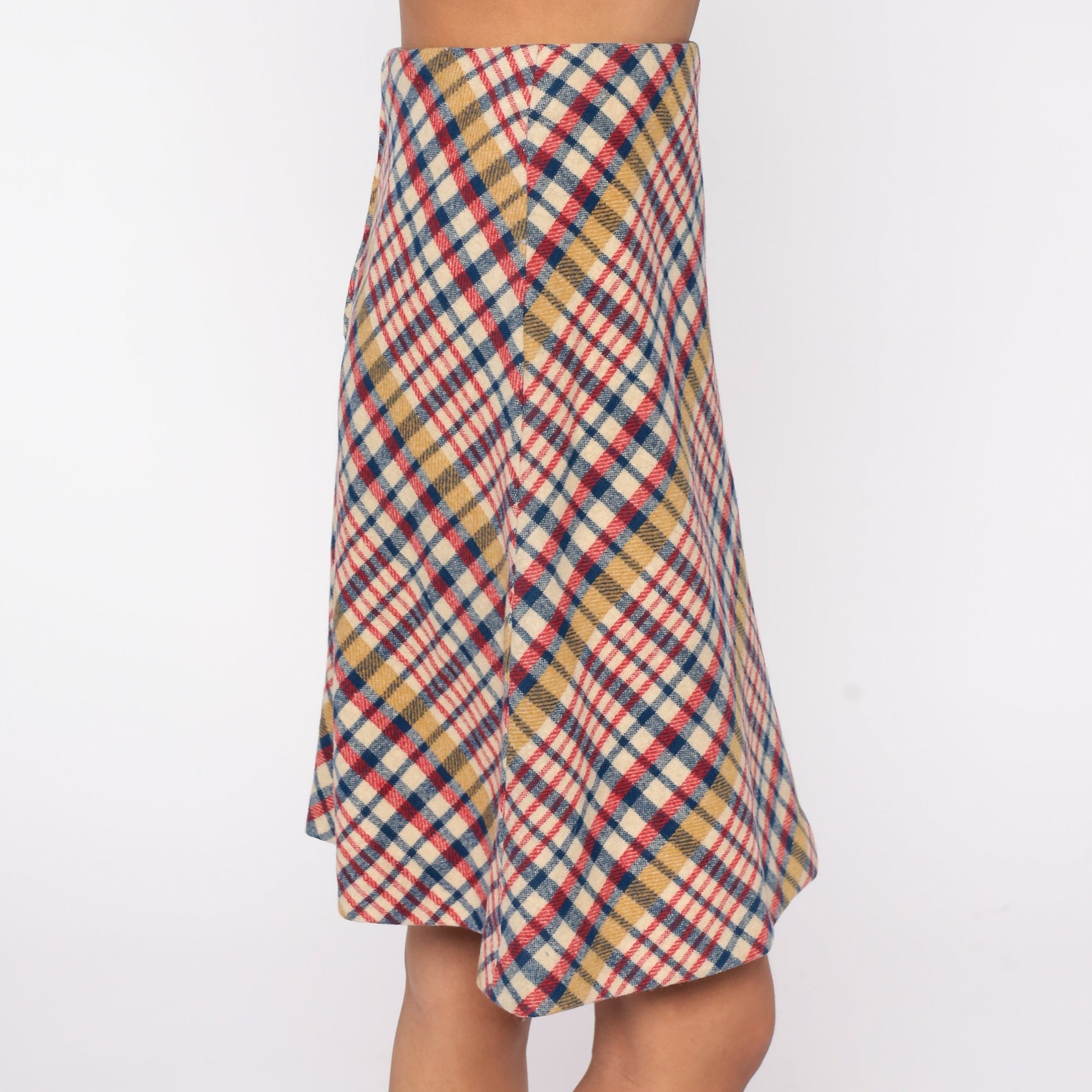 60s Madras Plaid Wool Skirt High Waist Flared Preppy Extra Small XS