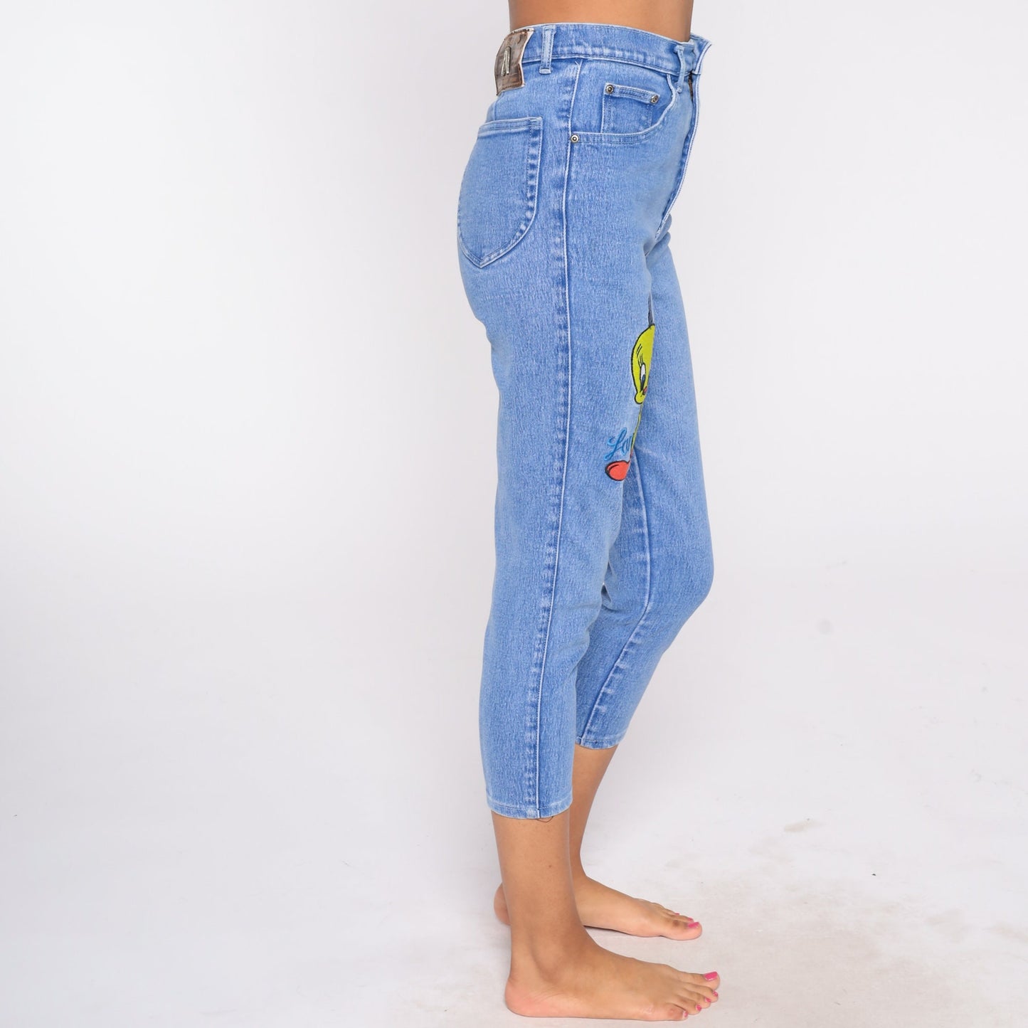 90s Tweety Bird Warner Bros Embroidered High Waisted Tapered Denim Jeans Extra Small XS