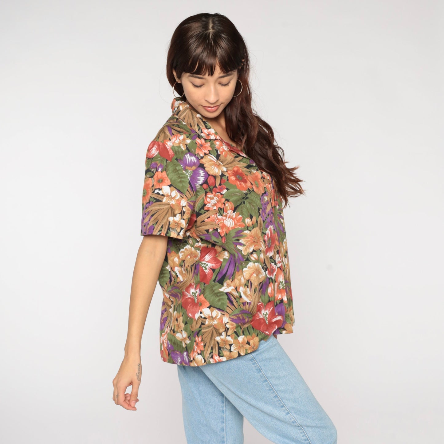 90s Tropical Floral Button-Up Blouse Multicolor Leaf Print Short Sleeve Extra Large