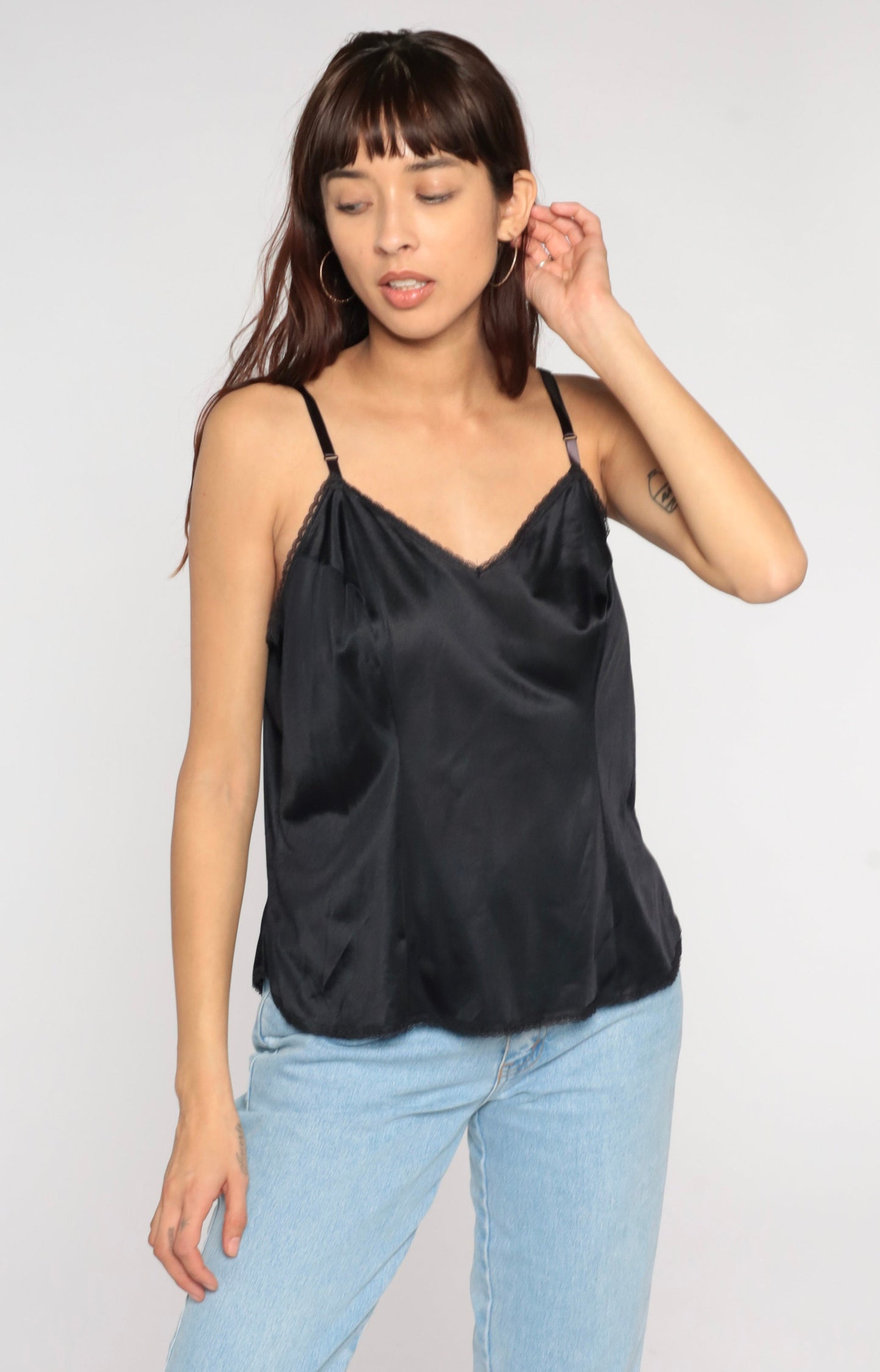 80s Black Nylon Camisole Spaghetti Strap Tank Top V-Neck Large
