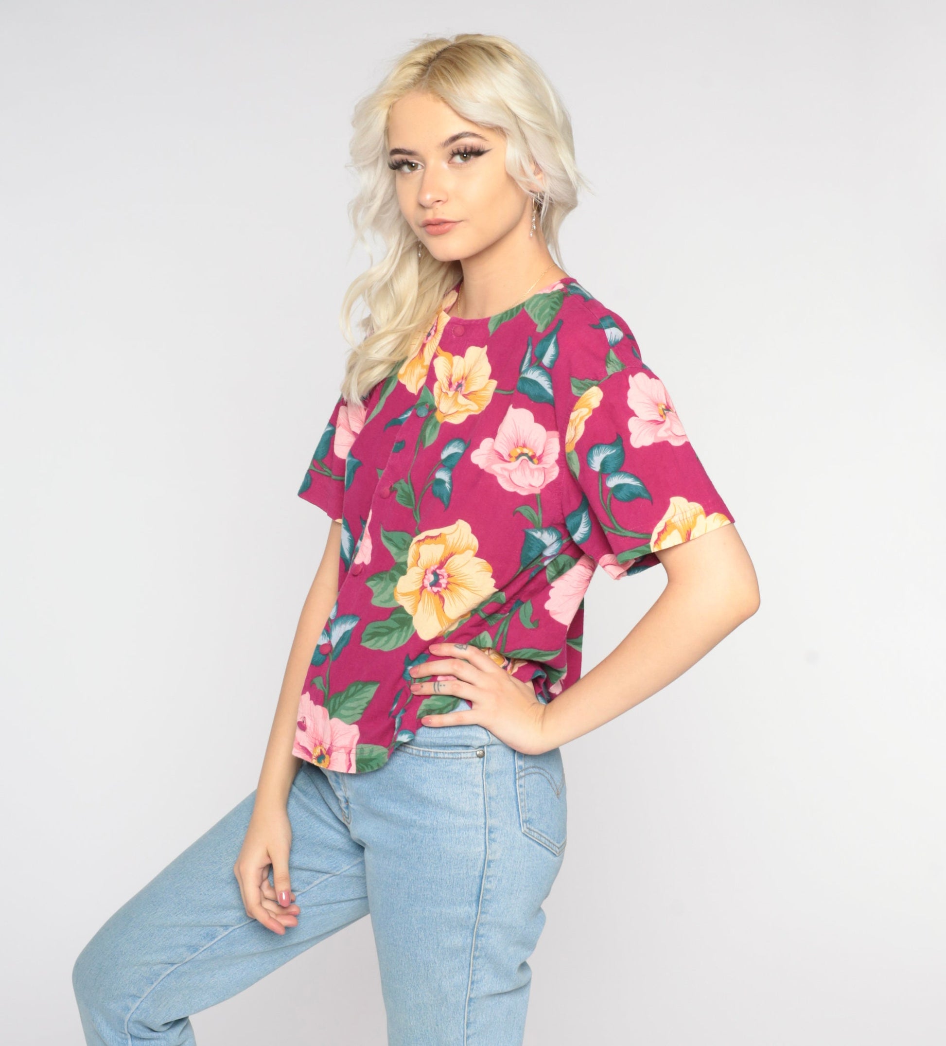 80s Liz Claiborne Floral Button-Up Blouse Dark Pink Cotton Small