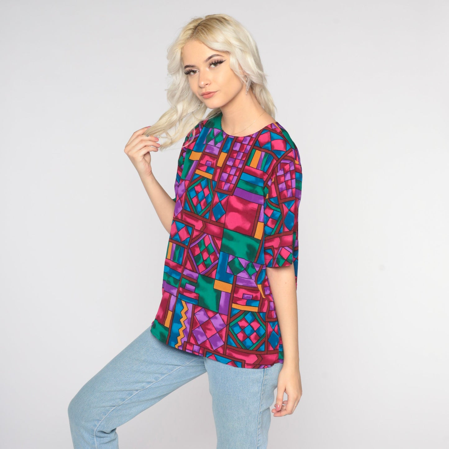 80s Geometric Abstract Square Print Blouse Rainbow Short Sleeve Large L