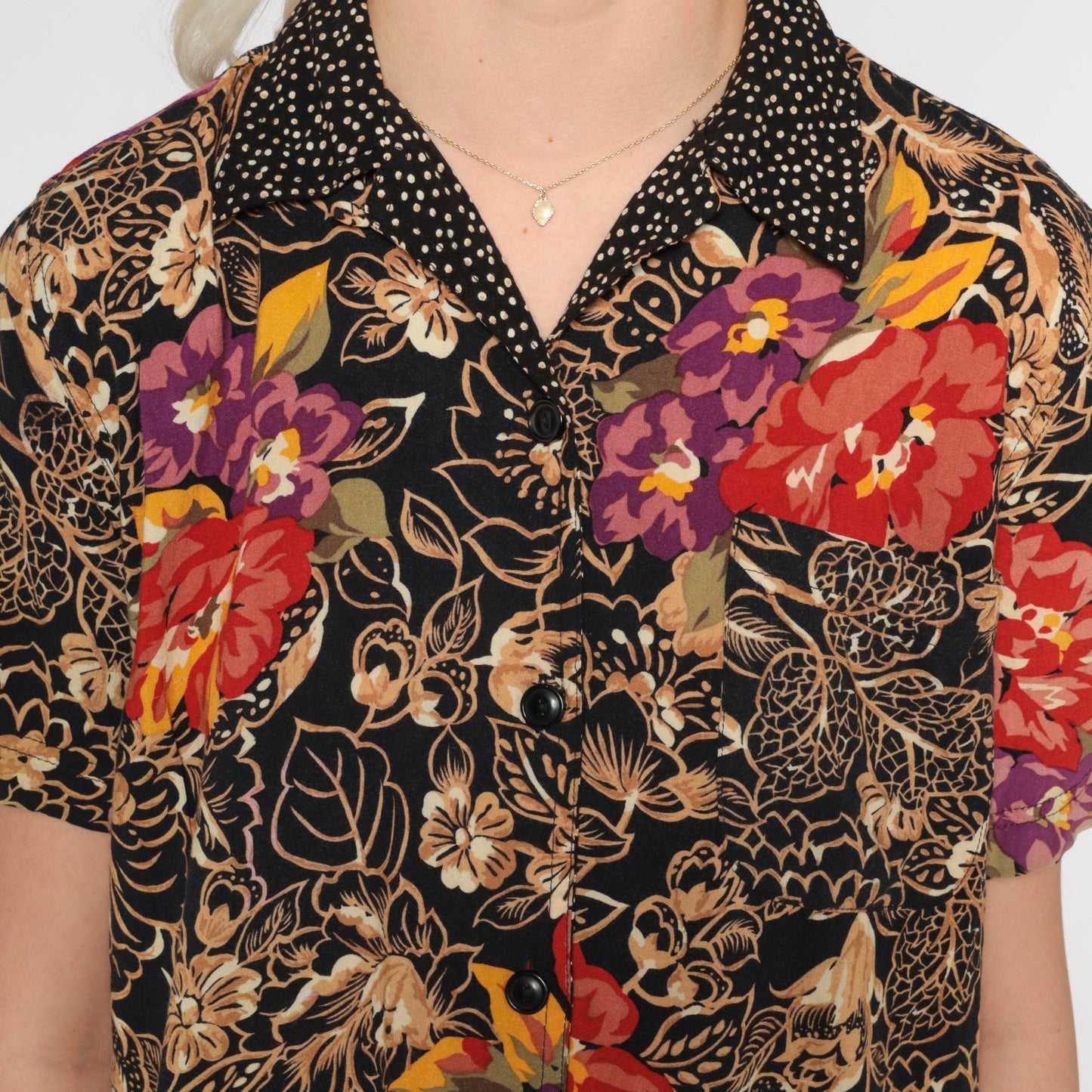 90s Floral Leaf Polka Dot Button-Up Blouse Black Short Sleeve Small