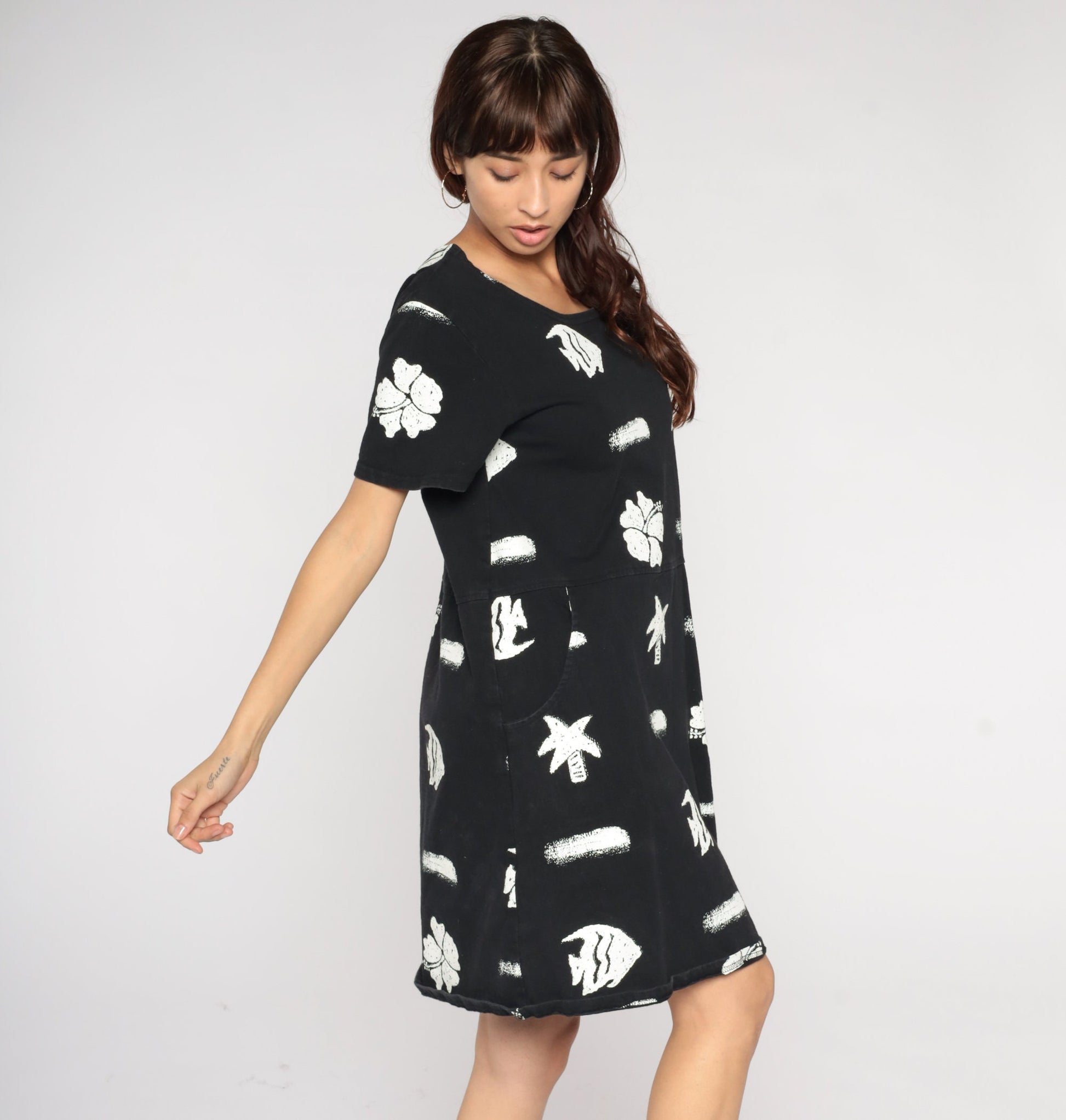Y2K Black Tropical Fish Hibiscus Mini Shift Dress Short Sleeve Medium M