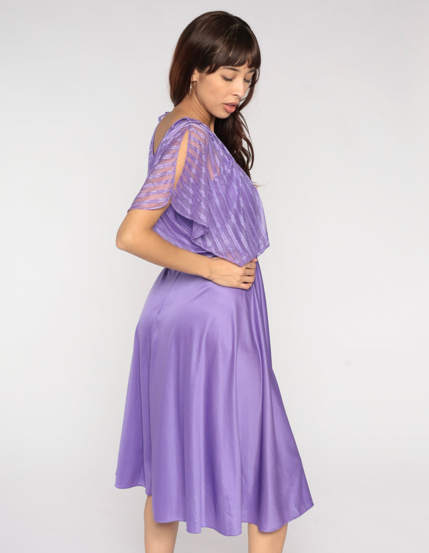 70s Purple Grecian Midi Dress Flutter Sleeve High Waist Small