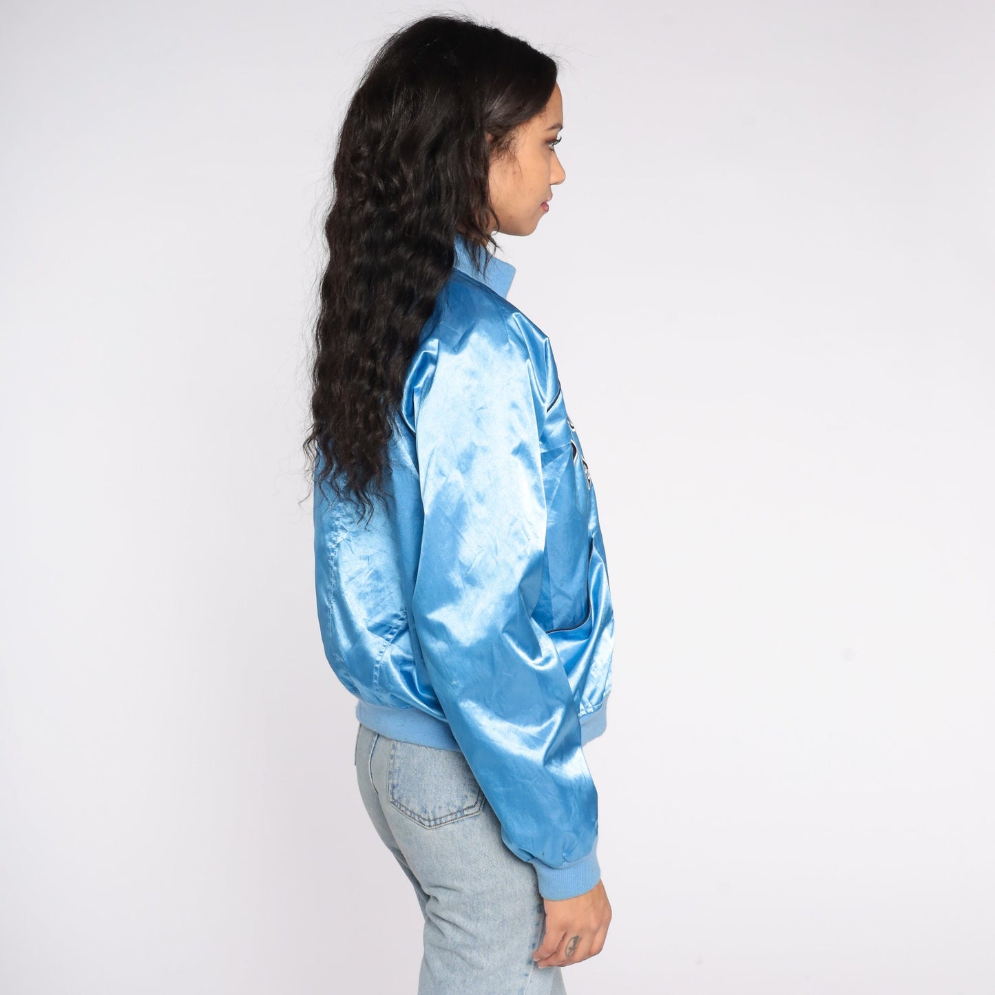Y2K Los Angeles Baby Blue Satin Bomber Jacket Zip-Up Small S