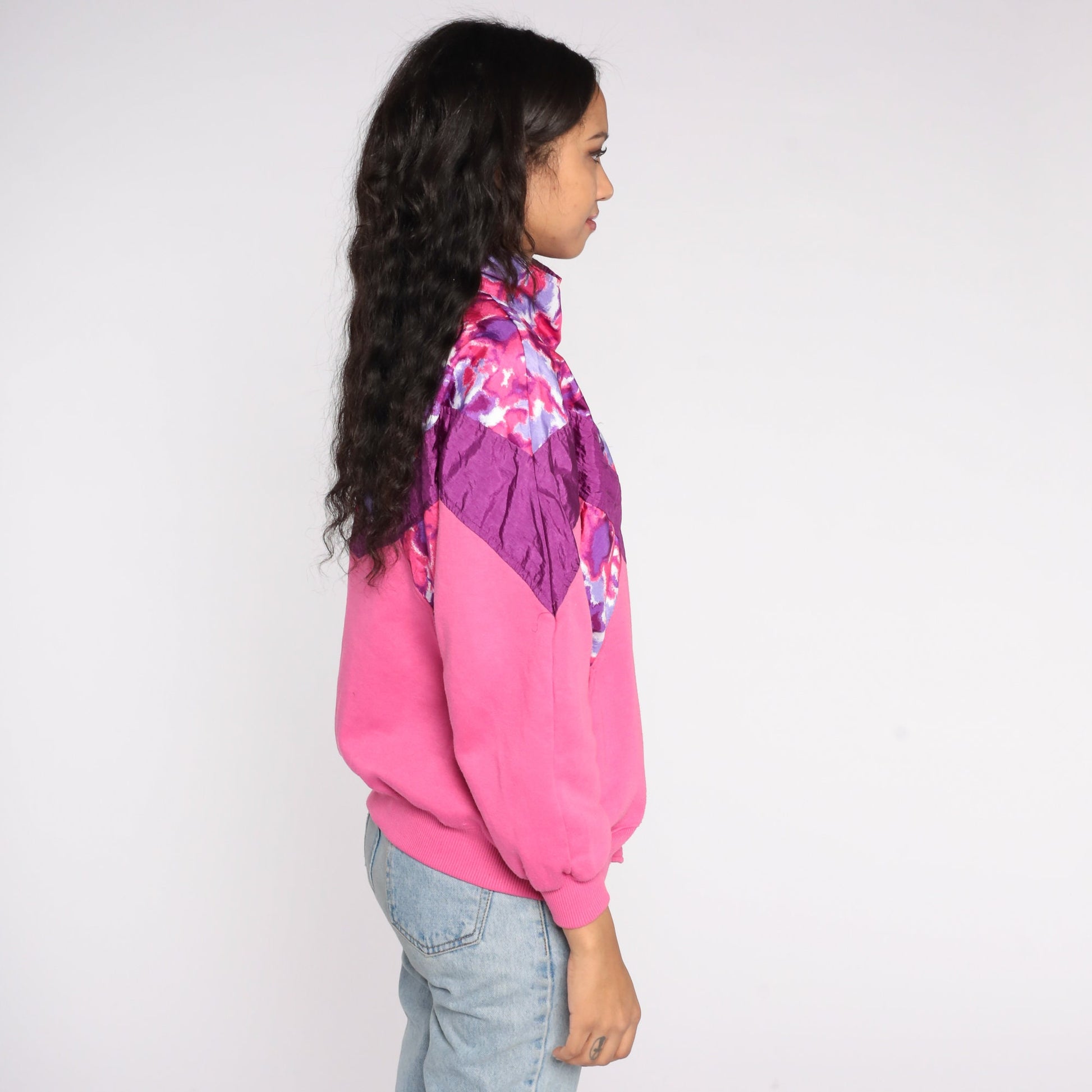 90s Pink Floral Color Block Zip Windbreaker Sweatshirt Medium M