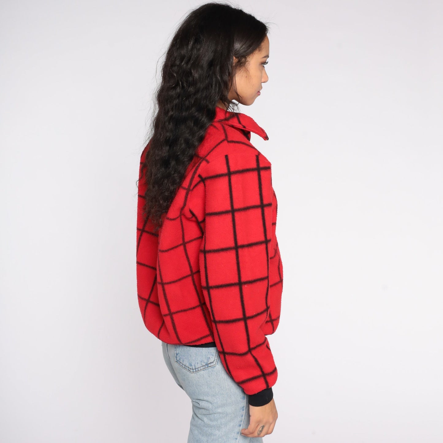 80s Le Tigre Red Checkered Fleece Quarter Zip Pullover Medium