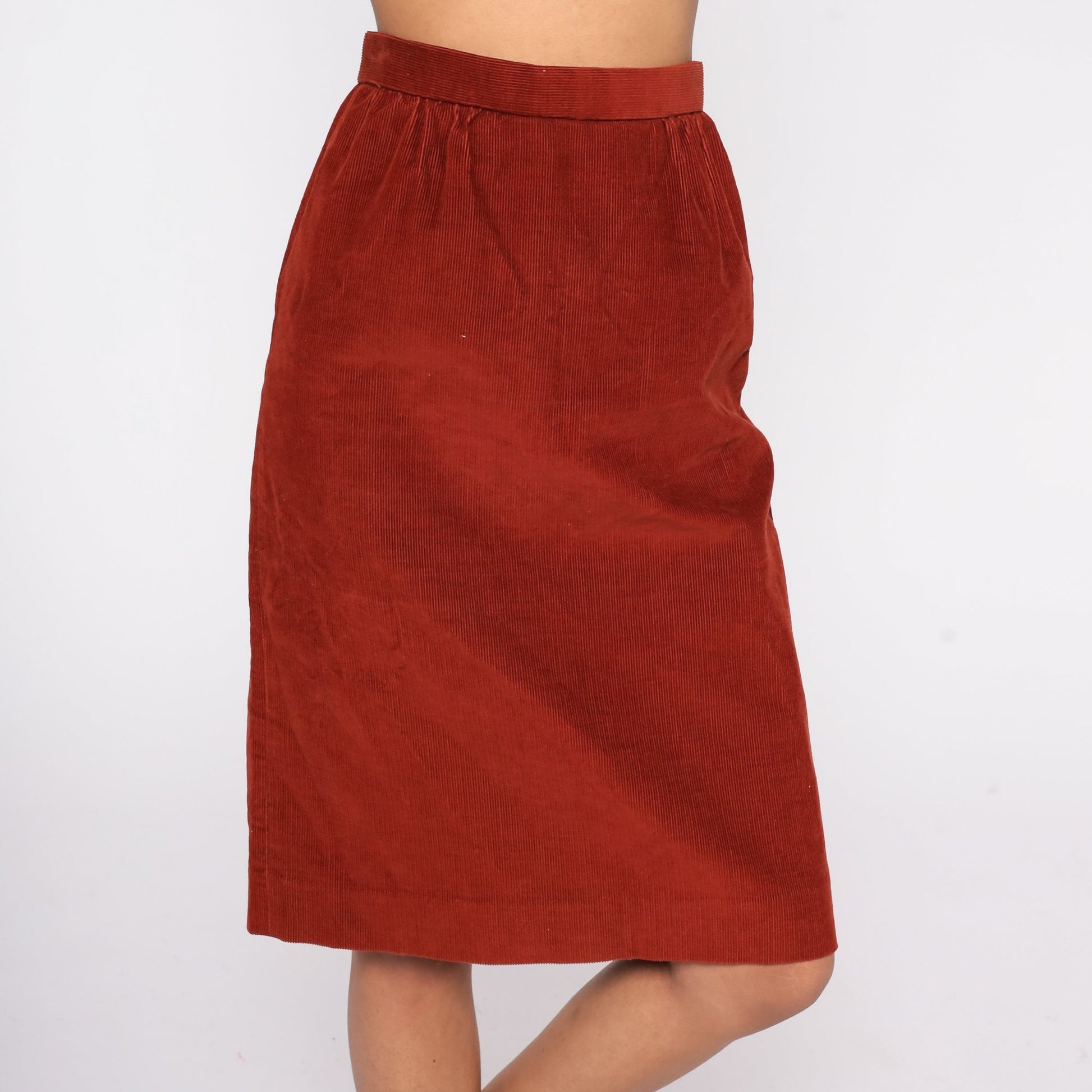 80s Rust Orange Corduroy Pencil Midi Skirt High Waist Small