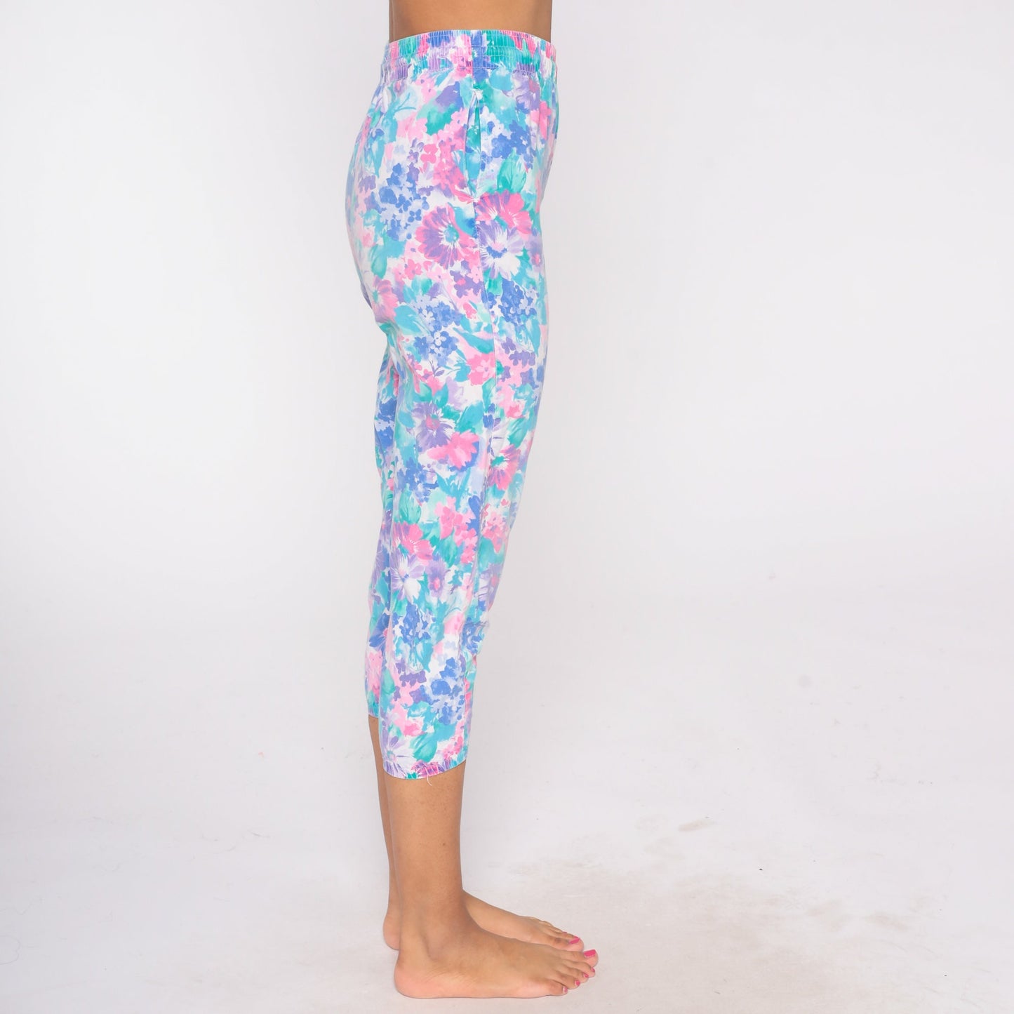 90s Floral Cropped Pants High Waist Elastic Cotton Lounge Capris Extra Small
