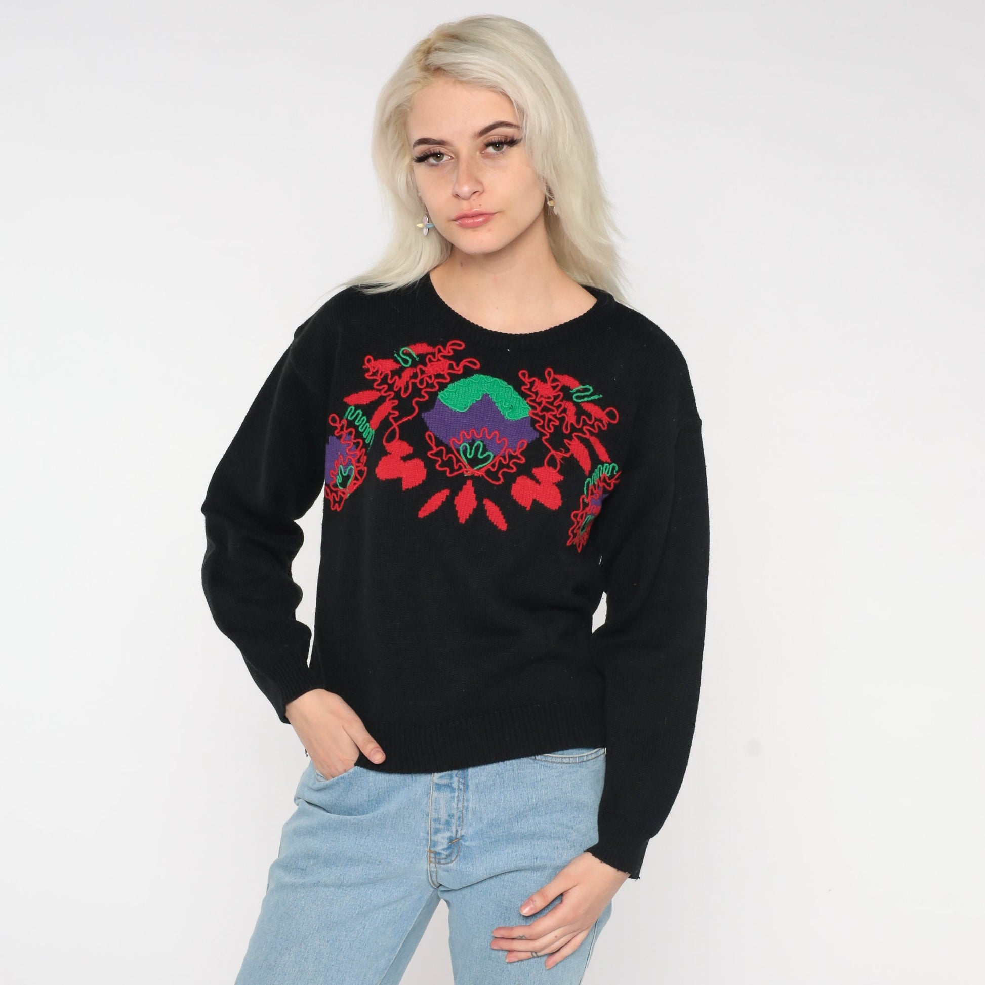 80s Black Floral Abstract Knit Sweater Pullover Medium M