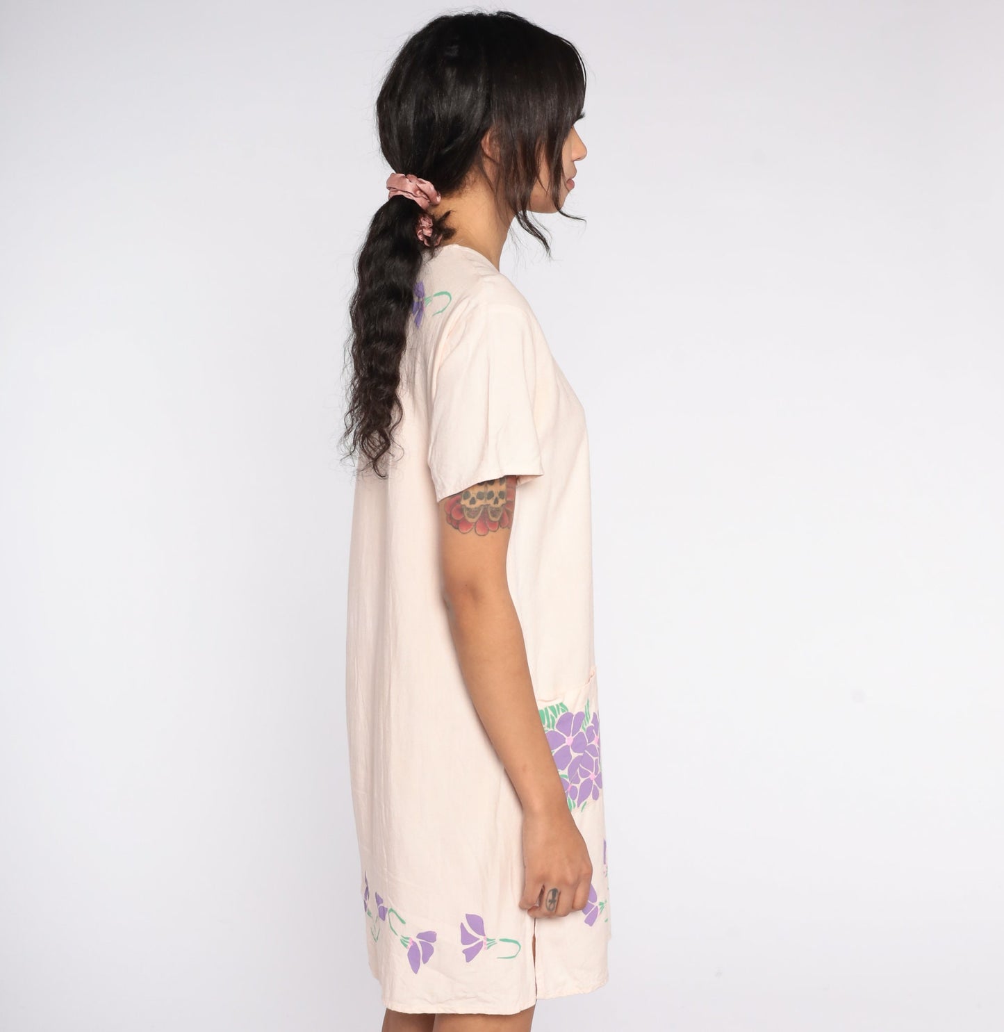 90s Floral Linen T-Shirt Dress Beige Pocket Mini Small