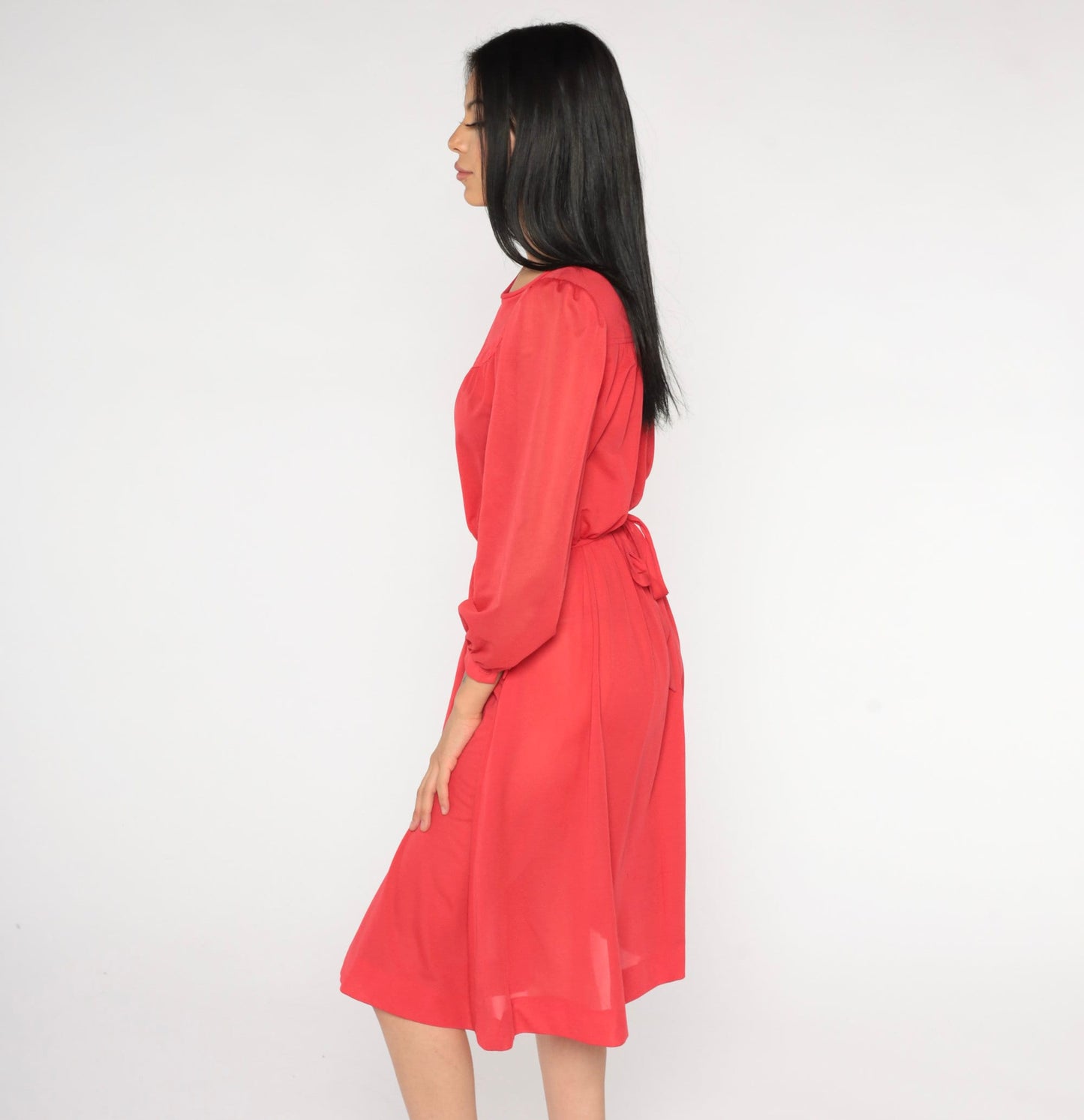 70s Red Sheer Midi Dress Puff Sleeve High Waist Long Sleeve Small Medium