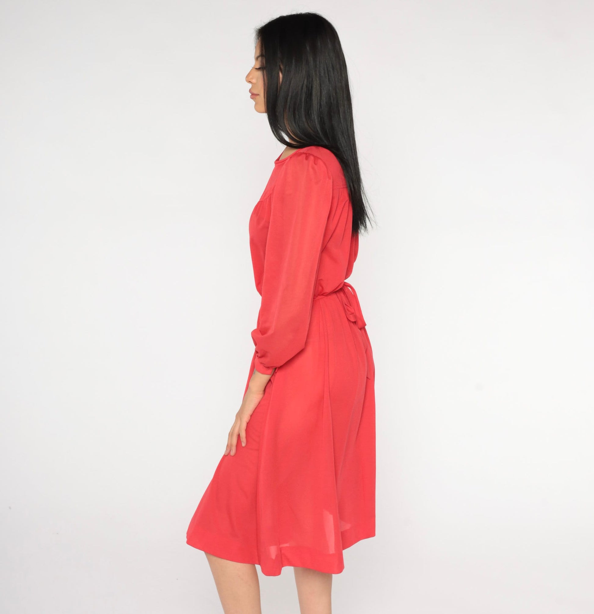 70s Red Sheer Midi Dress Puff Sleeve High Waist Long Sleeve Small Medium