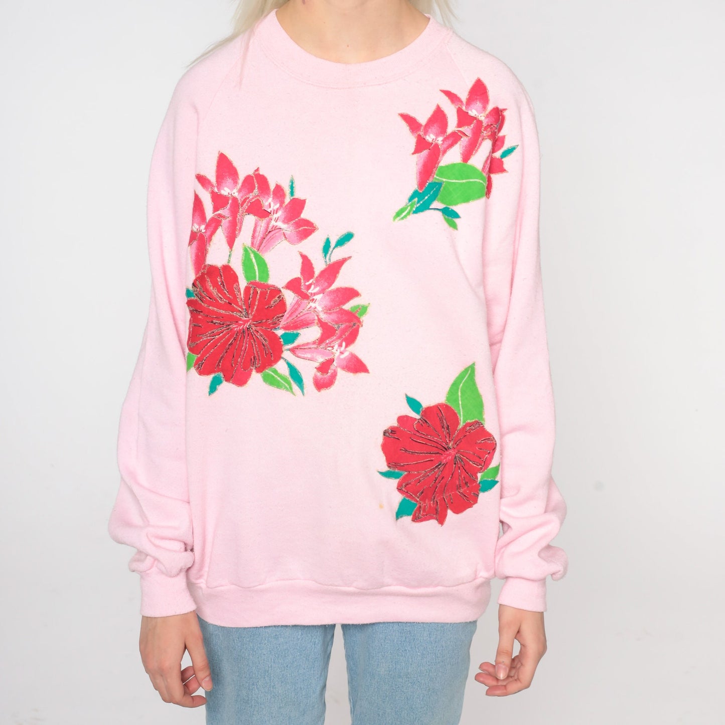 90s Jerzees Floral Sweatshirt Baby Pink Glitter Graphic Raglan Large