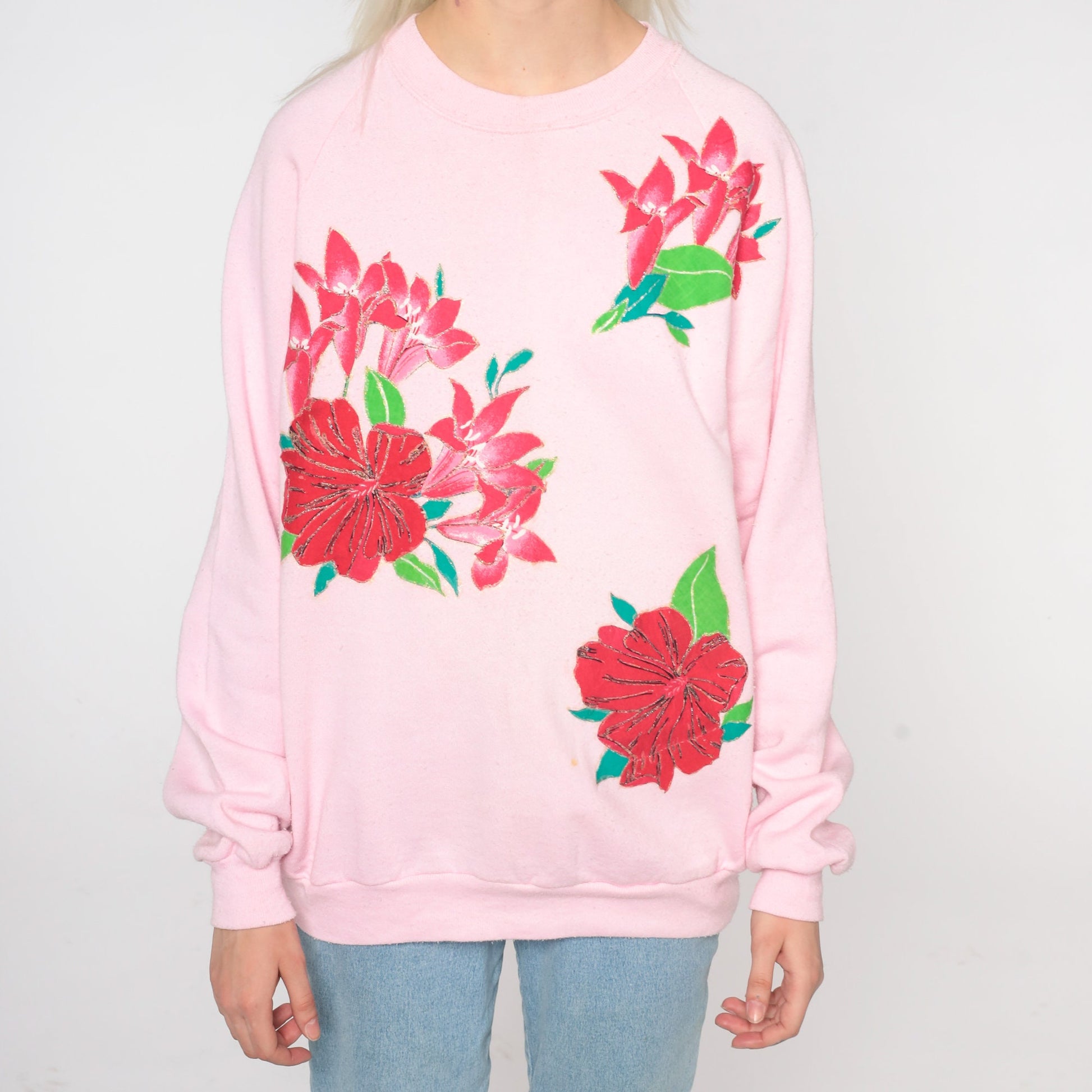 90s Jerzees Floral Sweatshirt Baby Pink Glitter Graphic Raglan Large