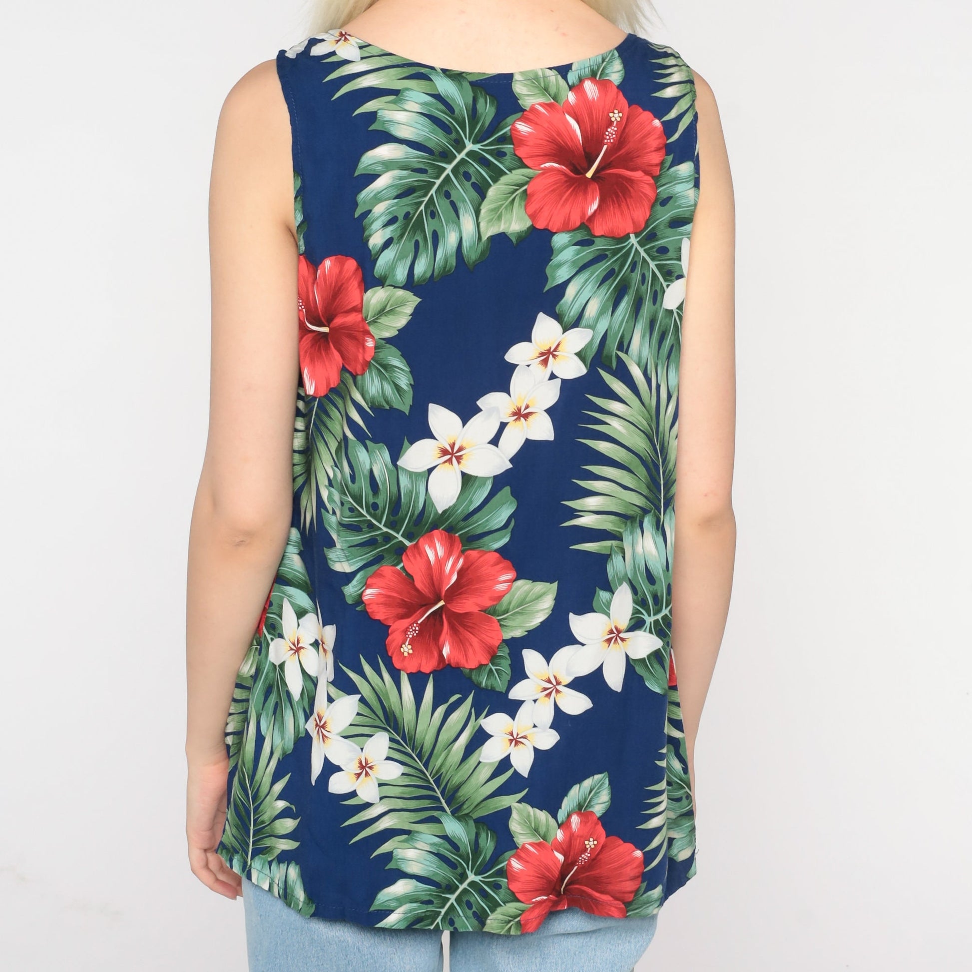 90s Tropical Floral Tank Top Blue Hibiscus Print Sleeveless Blouse Medium