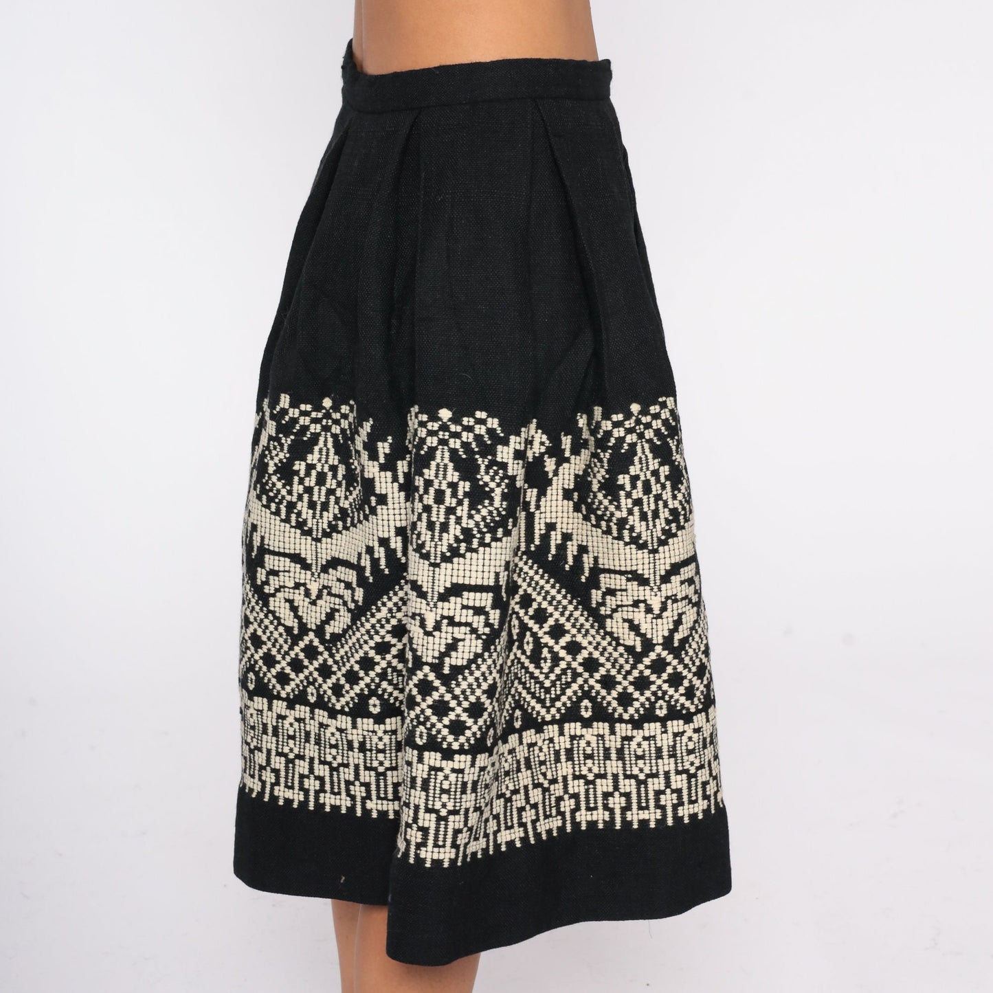 60s Black Pleated Midi Skirt High Waist Geometric White Embroidery Wool Small