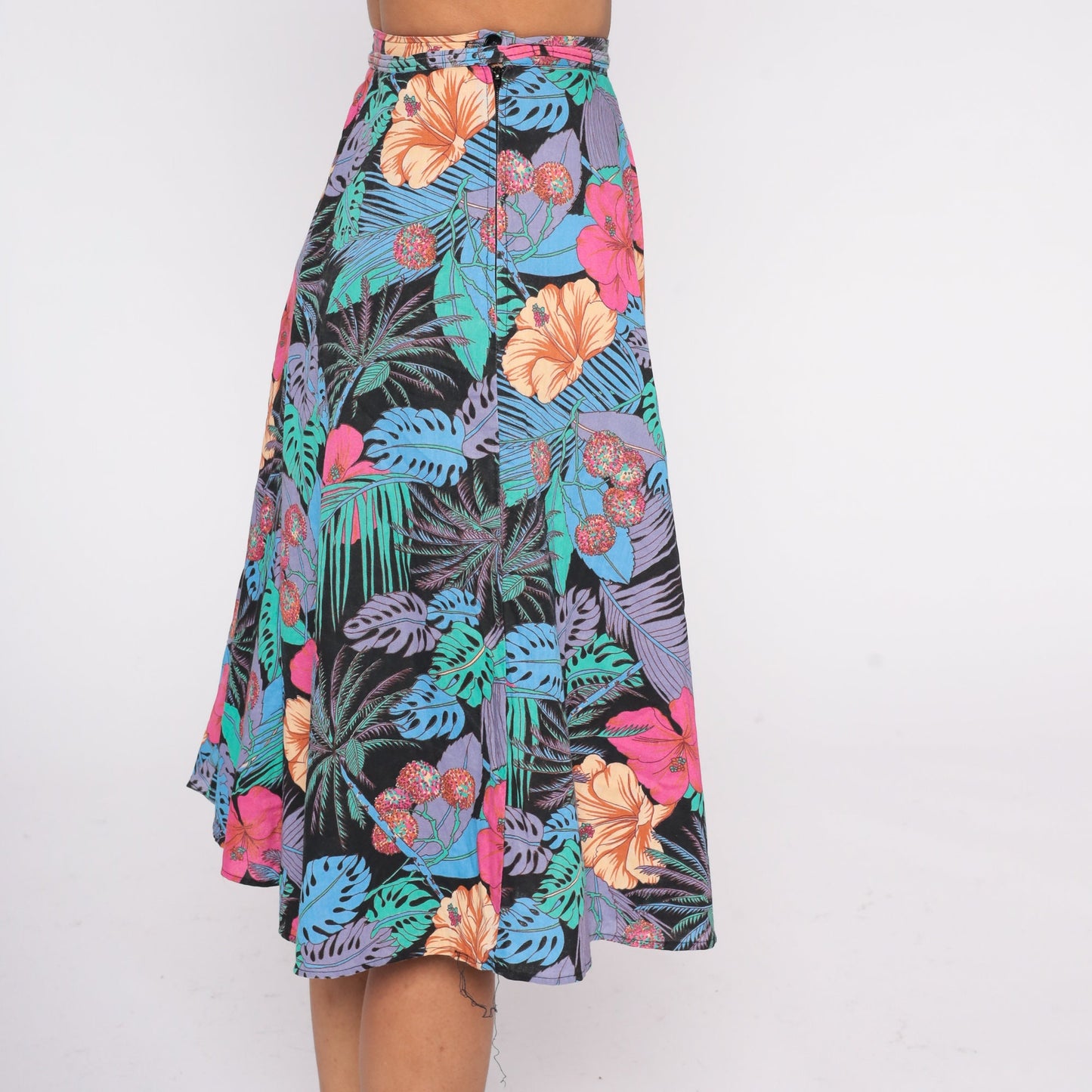 80s Black Tropical Floral Midi Skirt High Waisted Hawaiian Print Extra Small