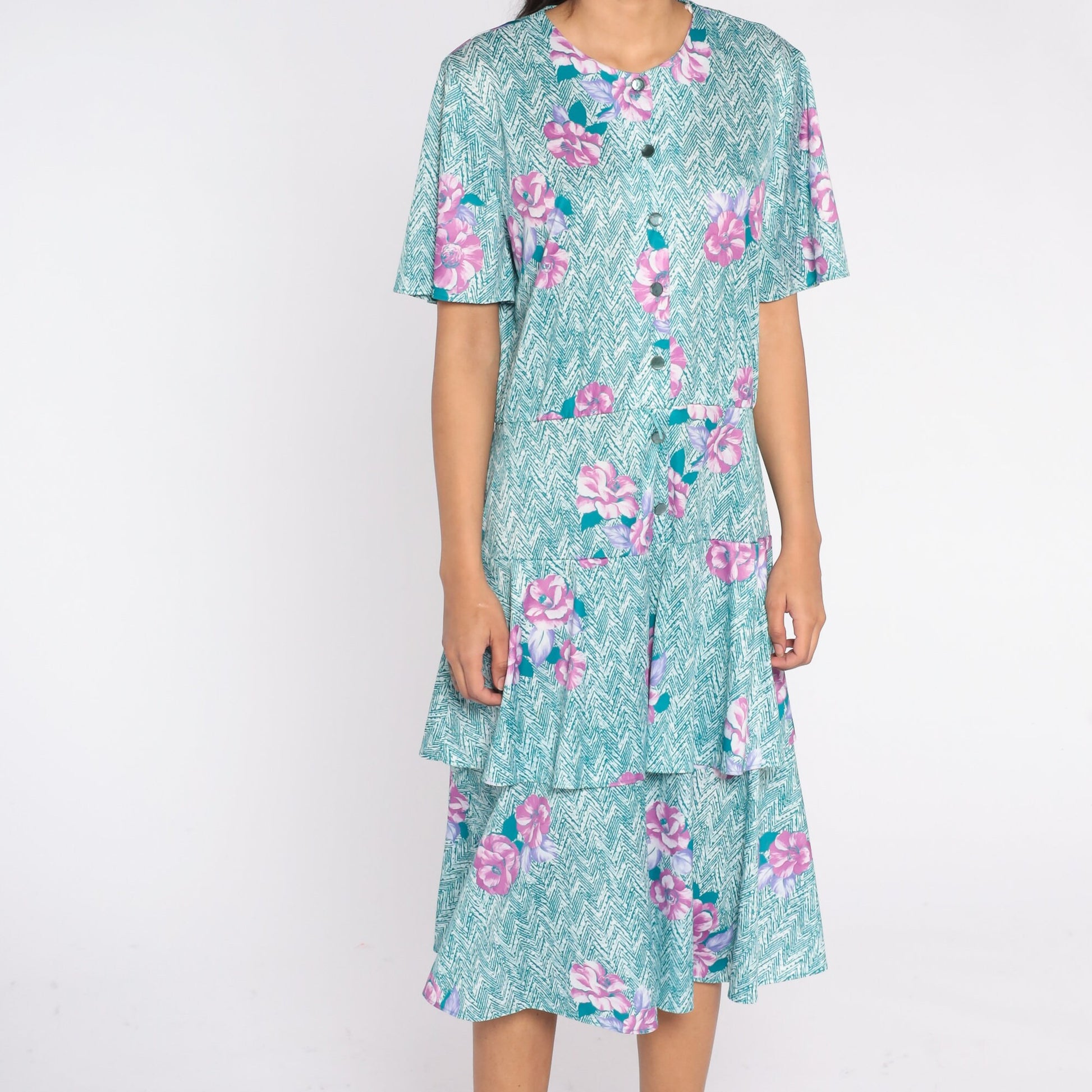 70s Floral Chevron Striped Midi Dress Button-Up Tiered Teal Purple Plus Size XXL