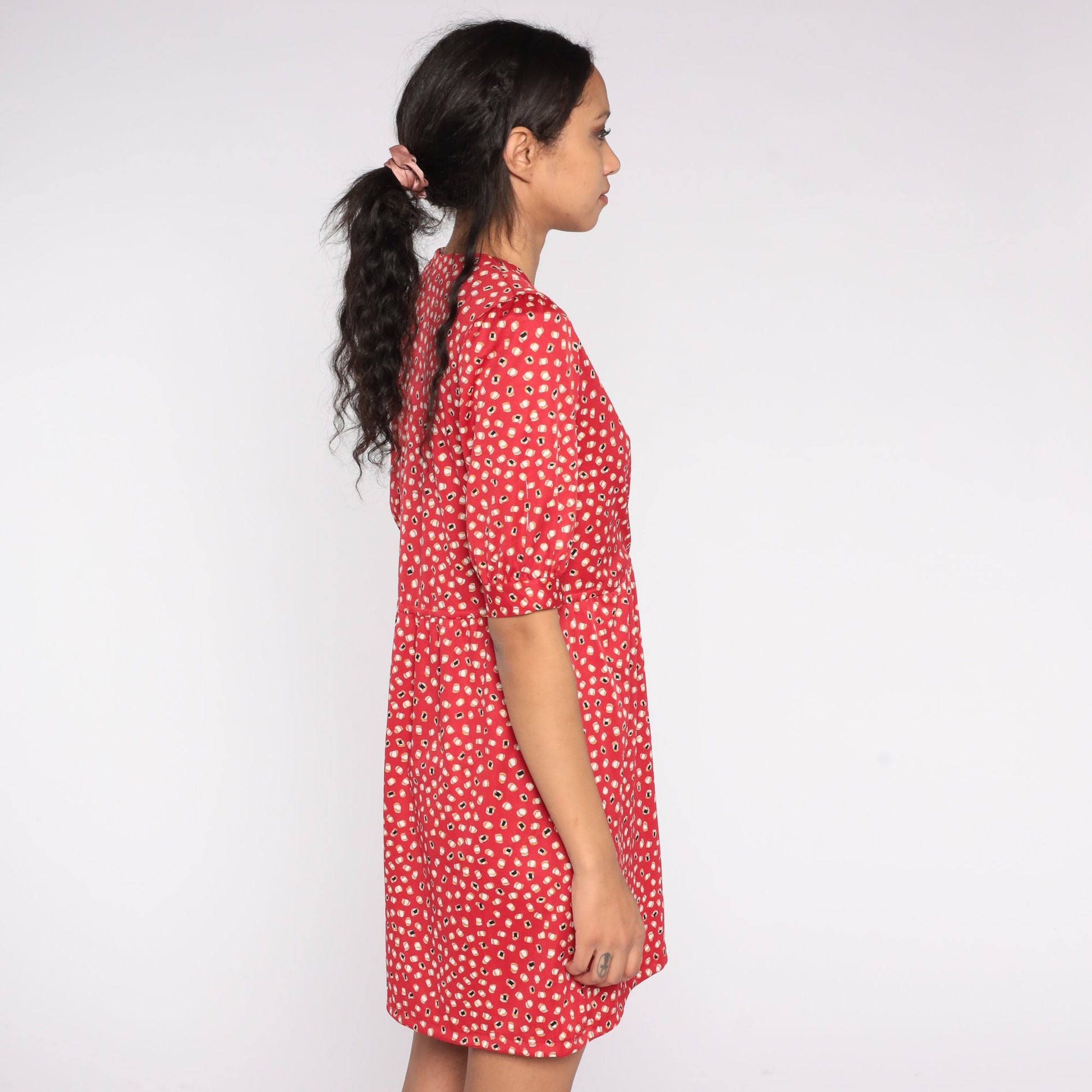70s Red Abstract Dot Print Mini Dress High Waist V Neck Short Sleeve Medium M