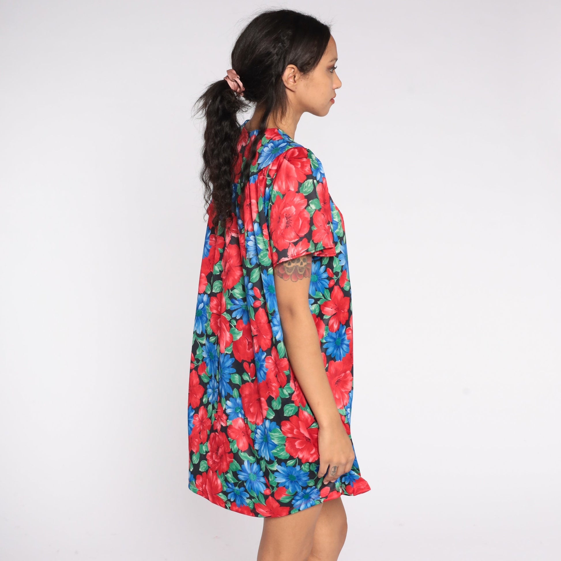 80s Floral Pajama Dress Red Blue Mini Nightgown Button Front Large