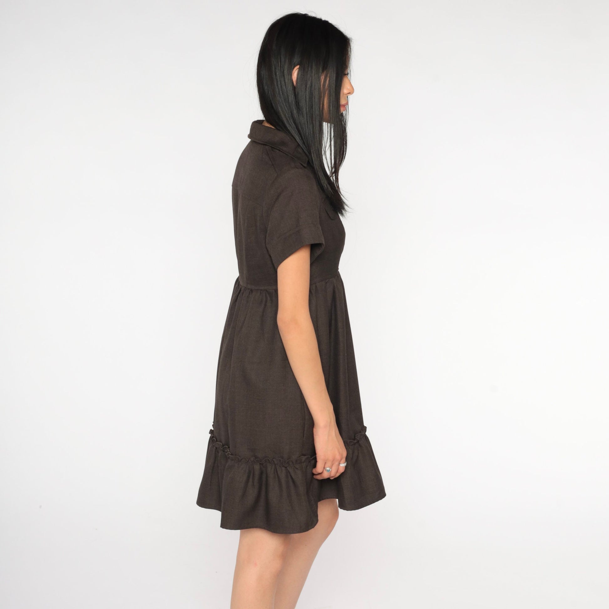 Y2K Brown Babydoll Mini Dress Empire Waist Short Sleeve Button Up Extra Small
