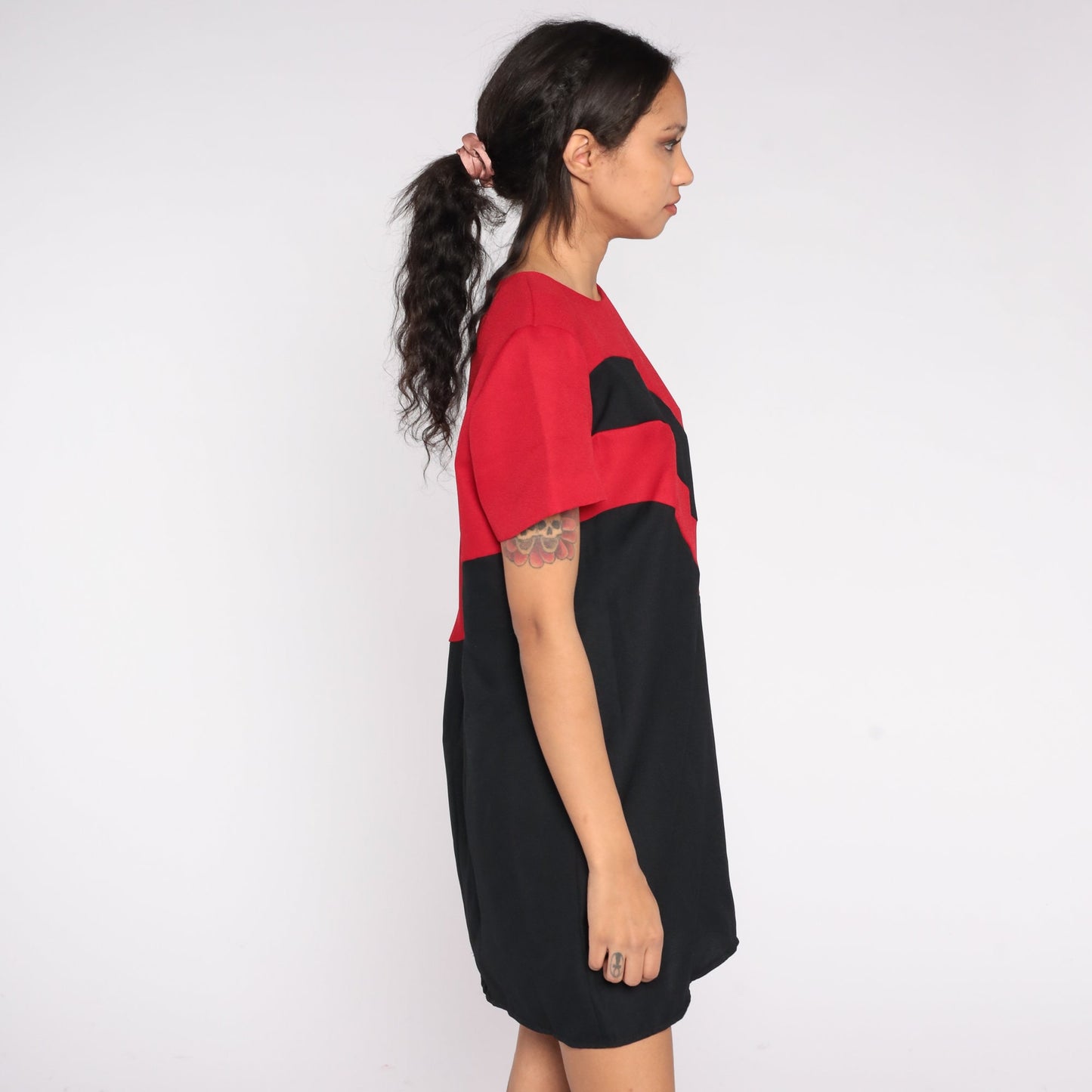 80s Color Block Pencil Dress Black Red Striped Mini Sheath Large L