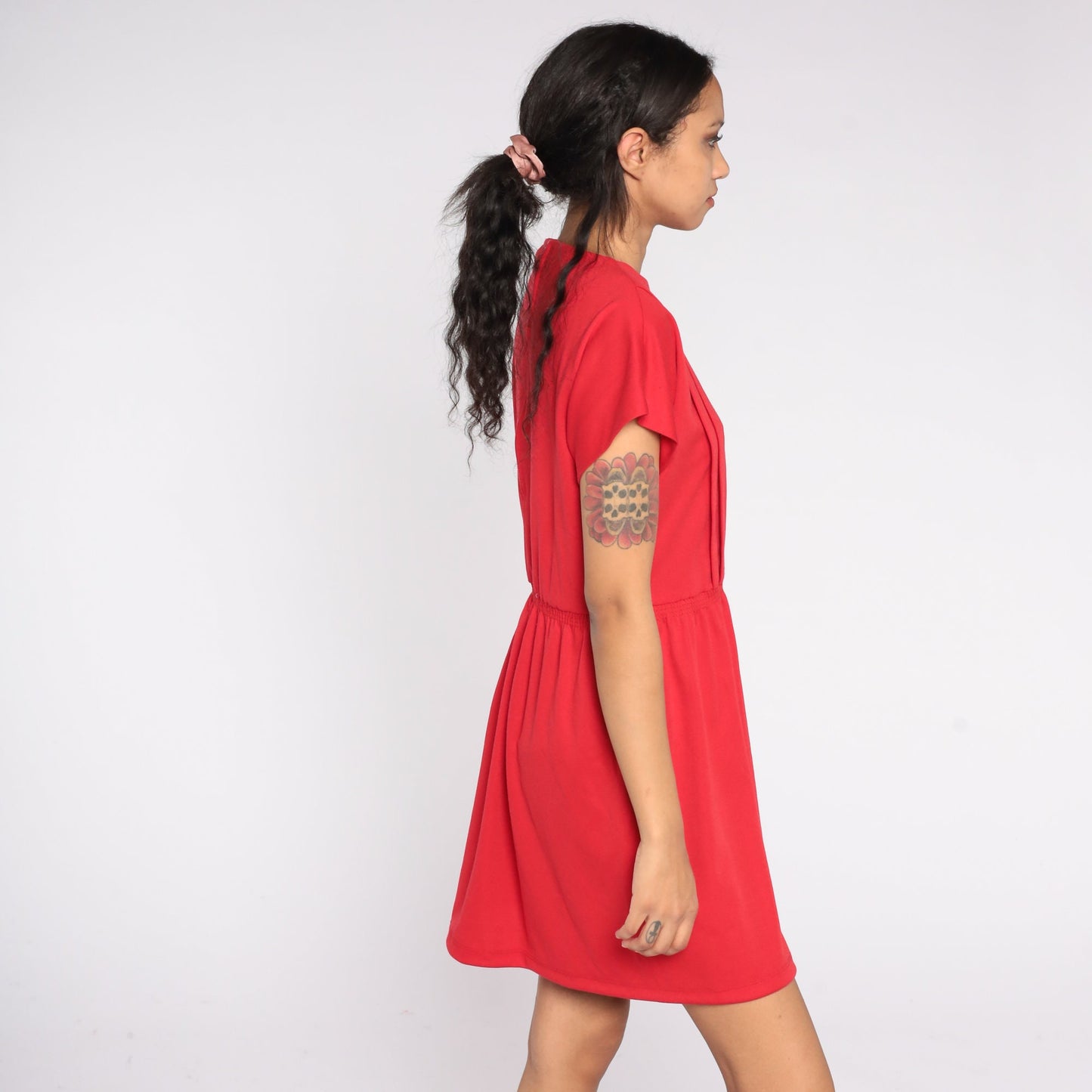 80s Red Shift Dress Mini High Waist Short Sleeve Zipper Back Medium