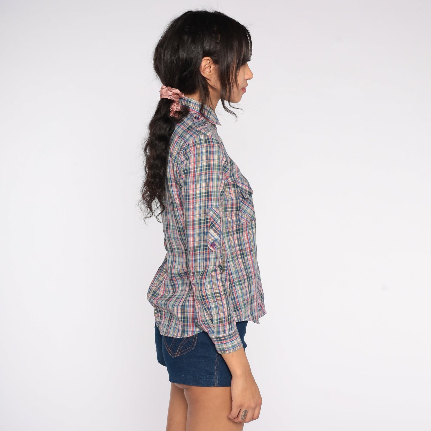 80s Sasson Plaid Button-Up Blouse Blue Red Green Epaulette Extra Small