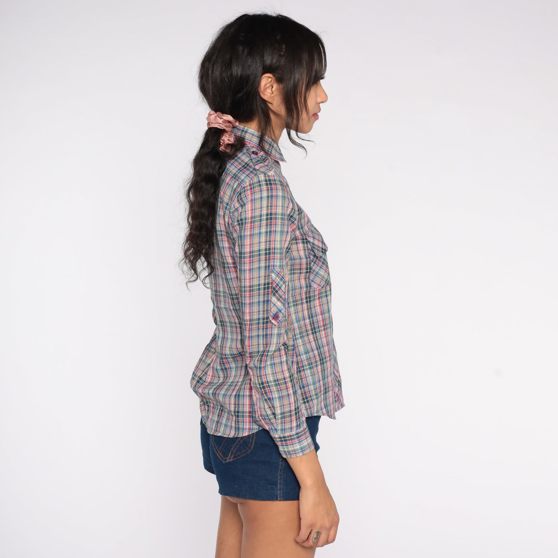 80s Sasson Plaid Button-Up Blouse Blue Red Green Epaulette Extra Small