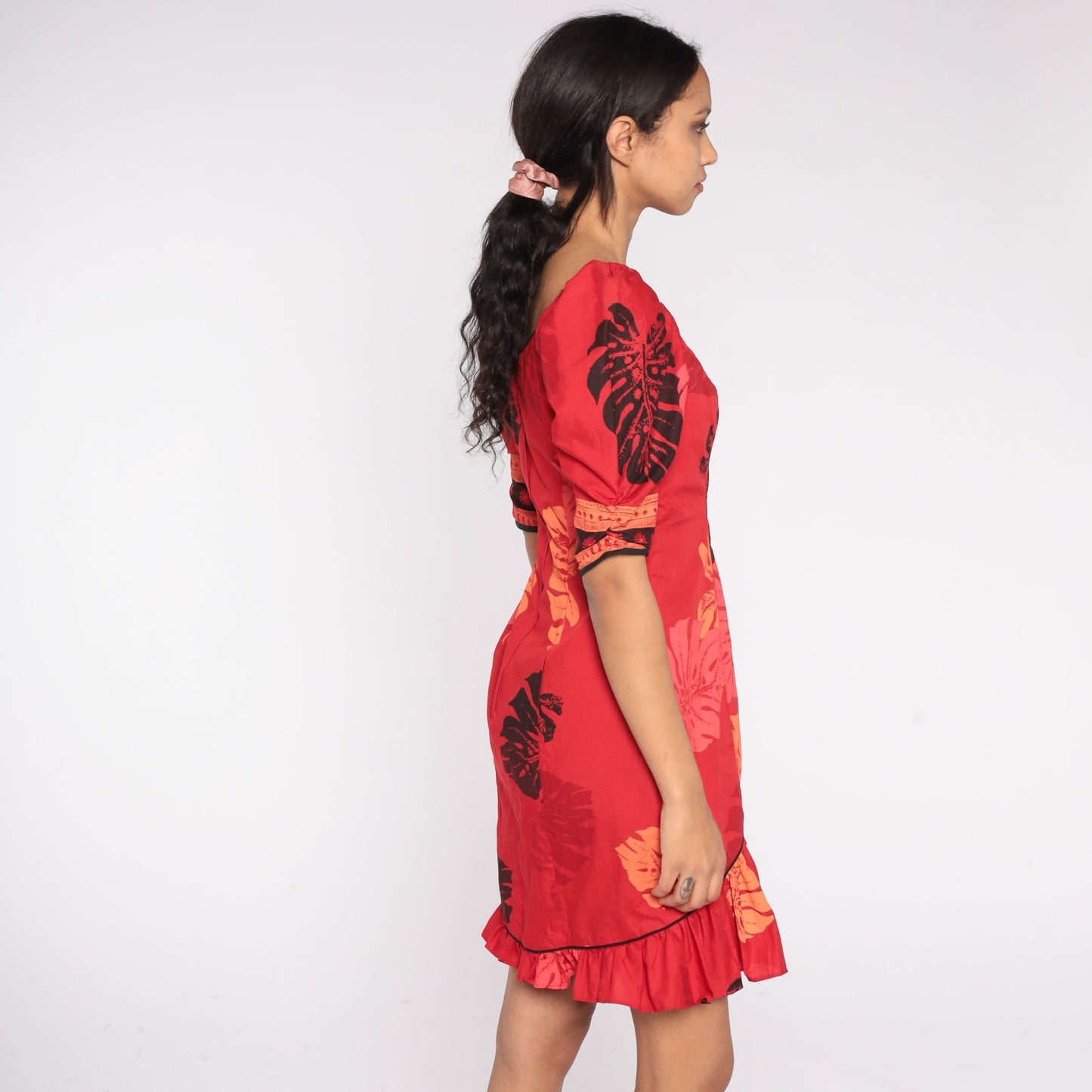 80s Hawaiian Red Tropical Leaf Mini Dress Ruffled Sheath Puff Sleeve Small