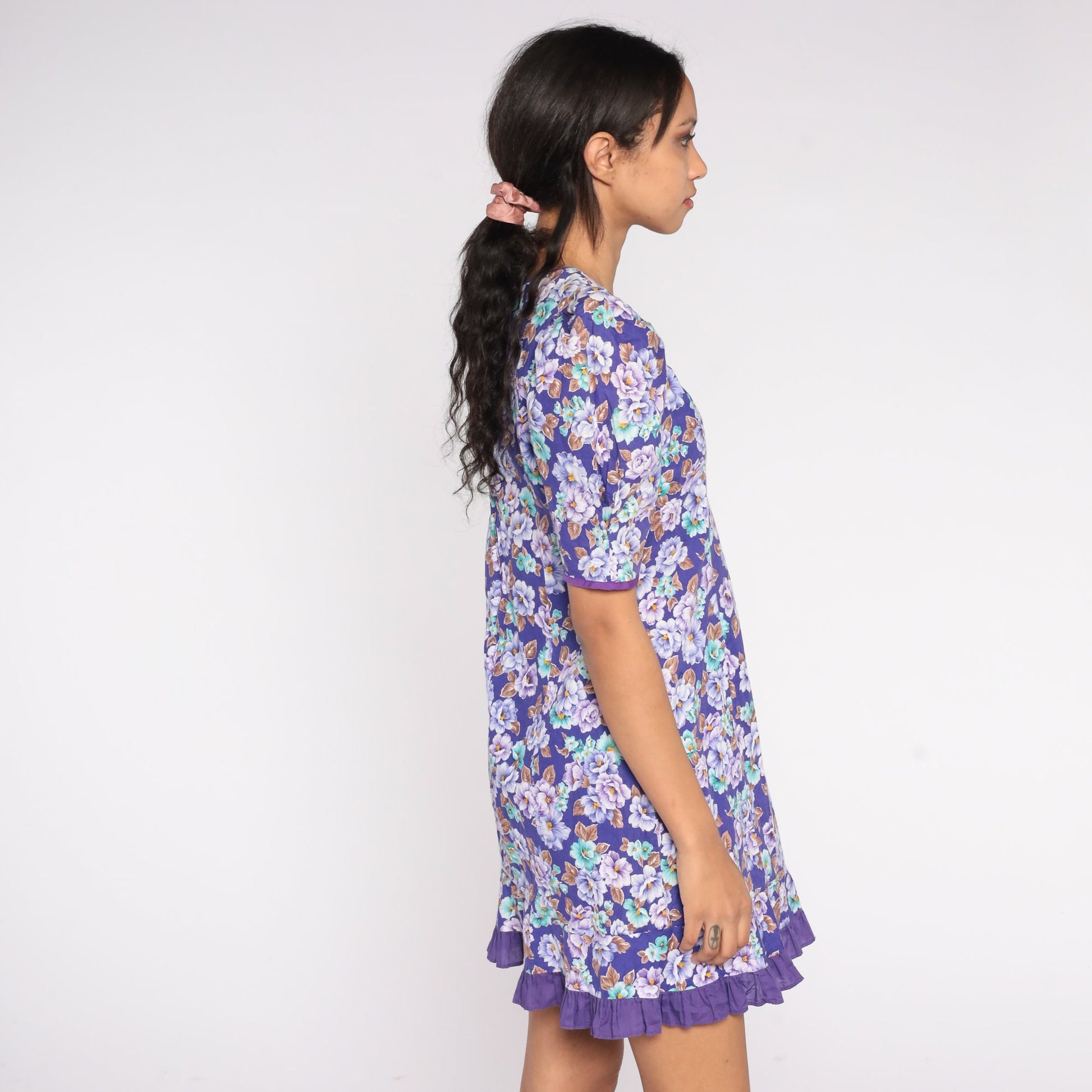 80s Purple Floral Mini Dress Puff Sleeve Shift Cotton Size 7