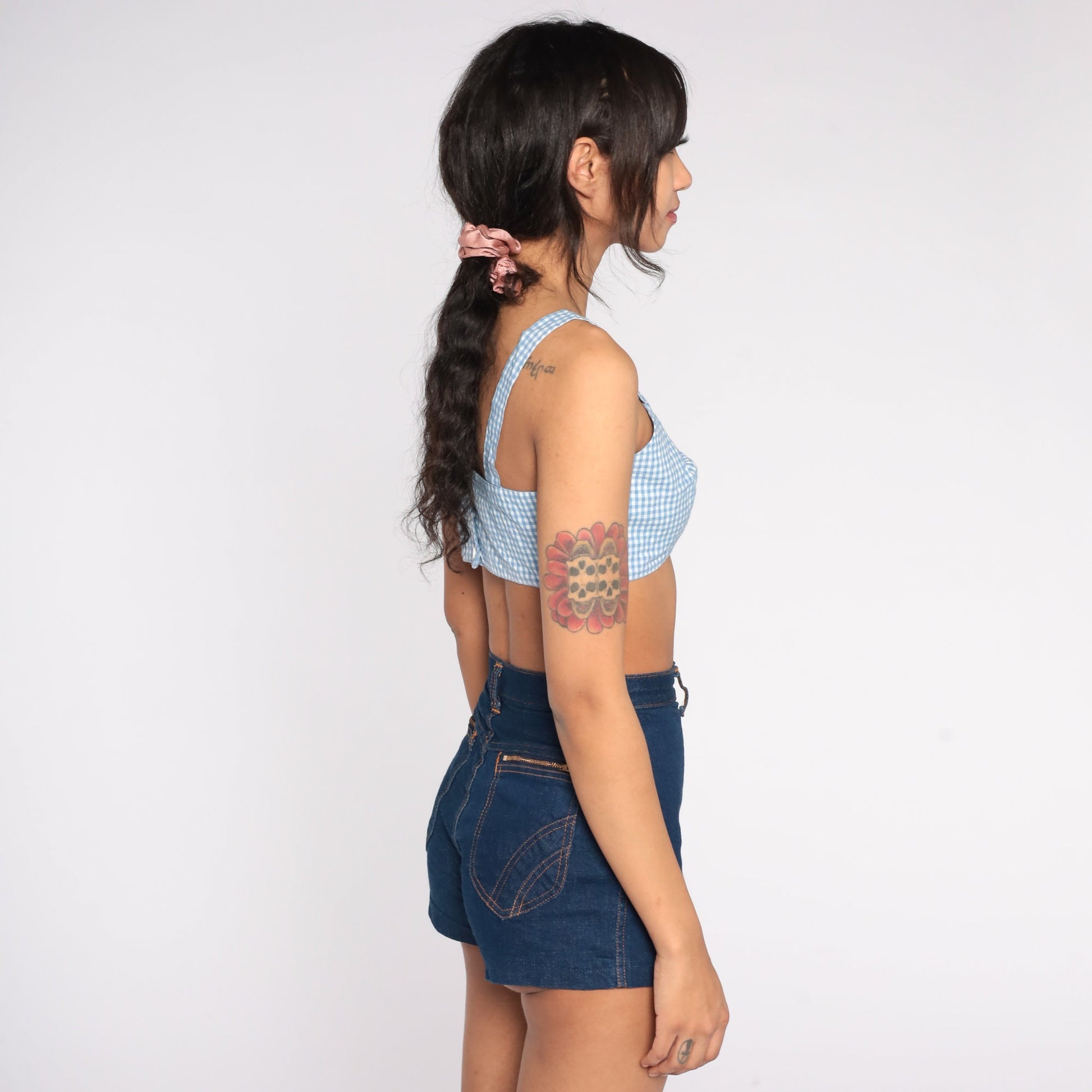 60s Blue Gingham Crop Tank Top Checkered Sleeveless Small