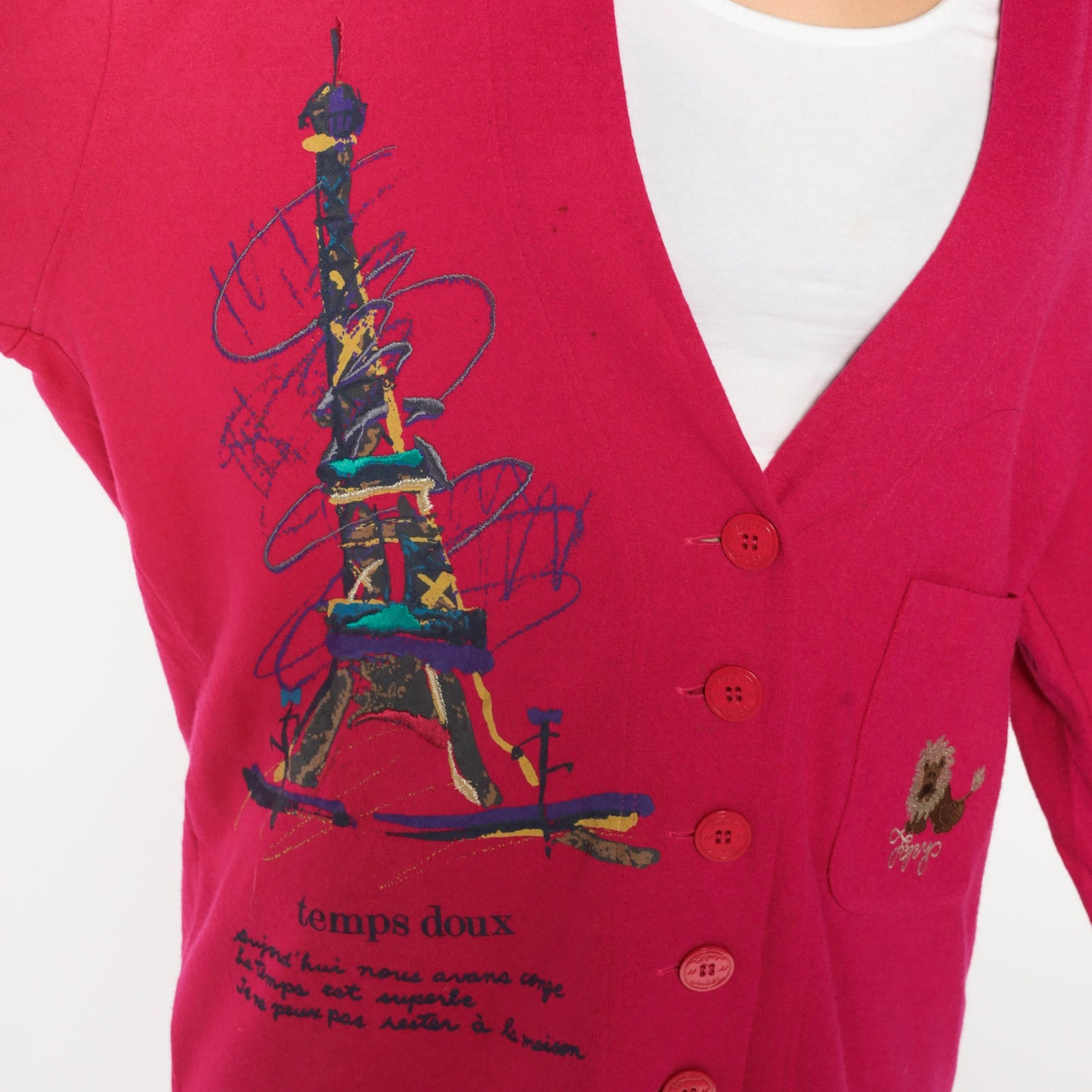 90s Paris Cardigan Dark Pink Eiffel Tower Lion Embroidered Temps Doux Large L