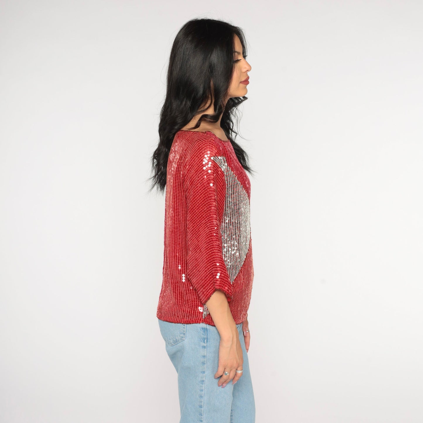 90s Silk Sequin Blouse Red Silver Metallic Color Block Small