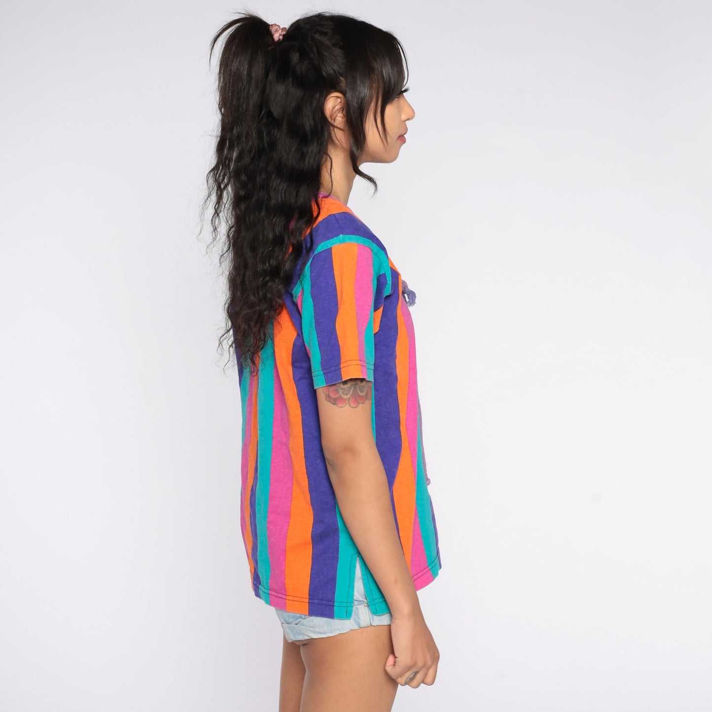 90s Striped Cotton Blouse Lace-Up V-Neck Short Sleeve Pink Orange Blue Purple Medium