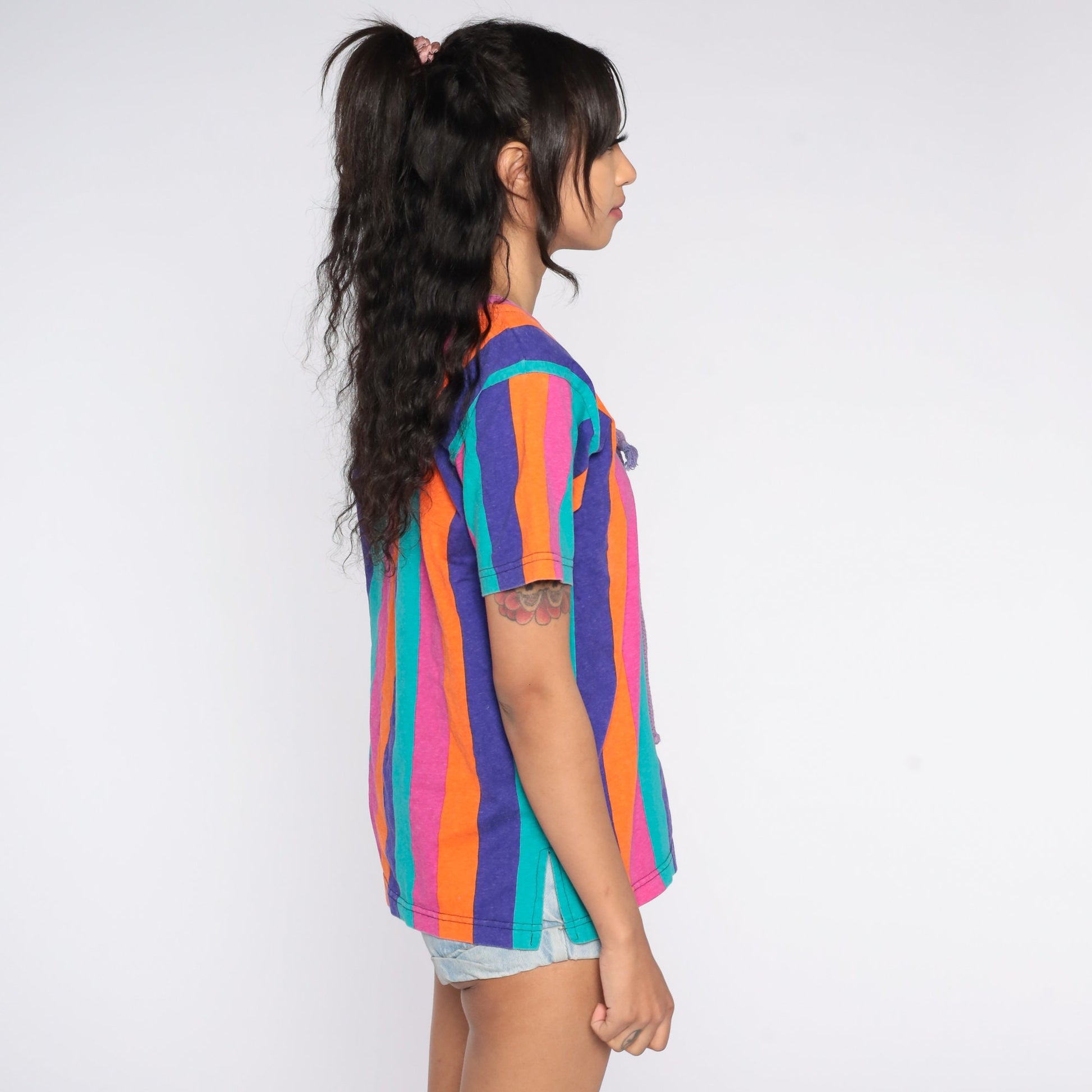 90s Striped Cotton Blouse Lace-Up V-Neck Short Sleeve Pink Orange Blue Purple Medium