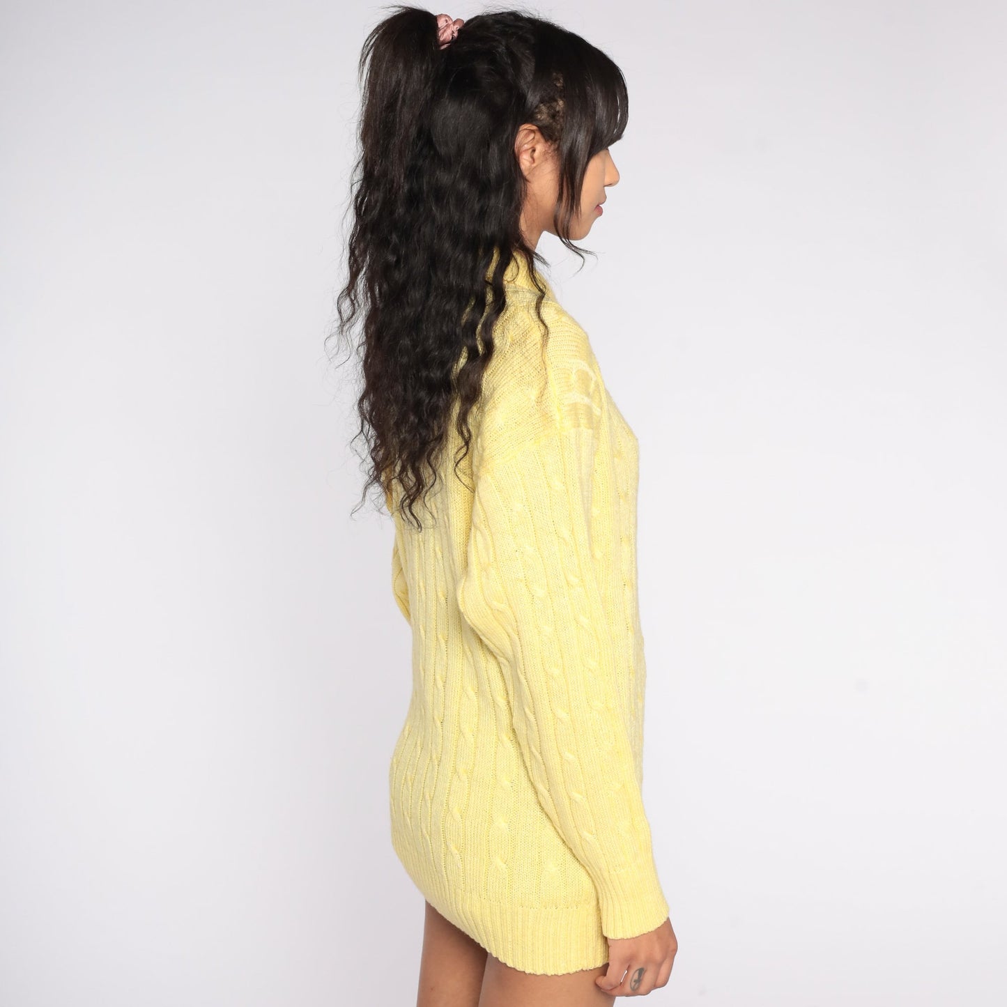 80s Diane Von Furstenberg Yellow Cable Knit Pullover Collared Sweater Large L