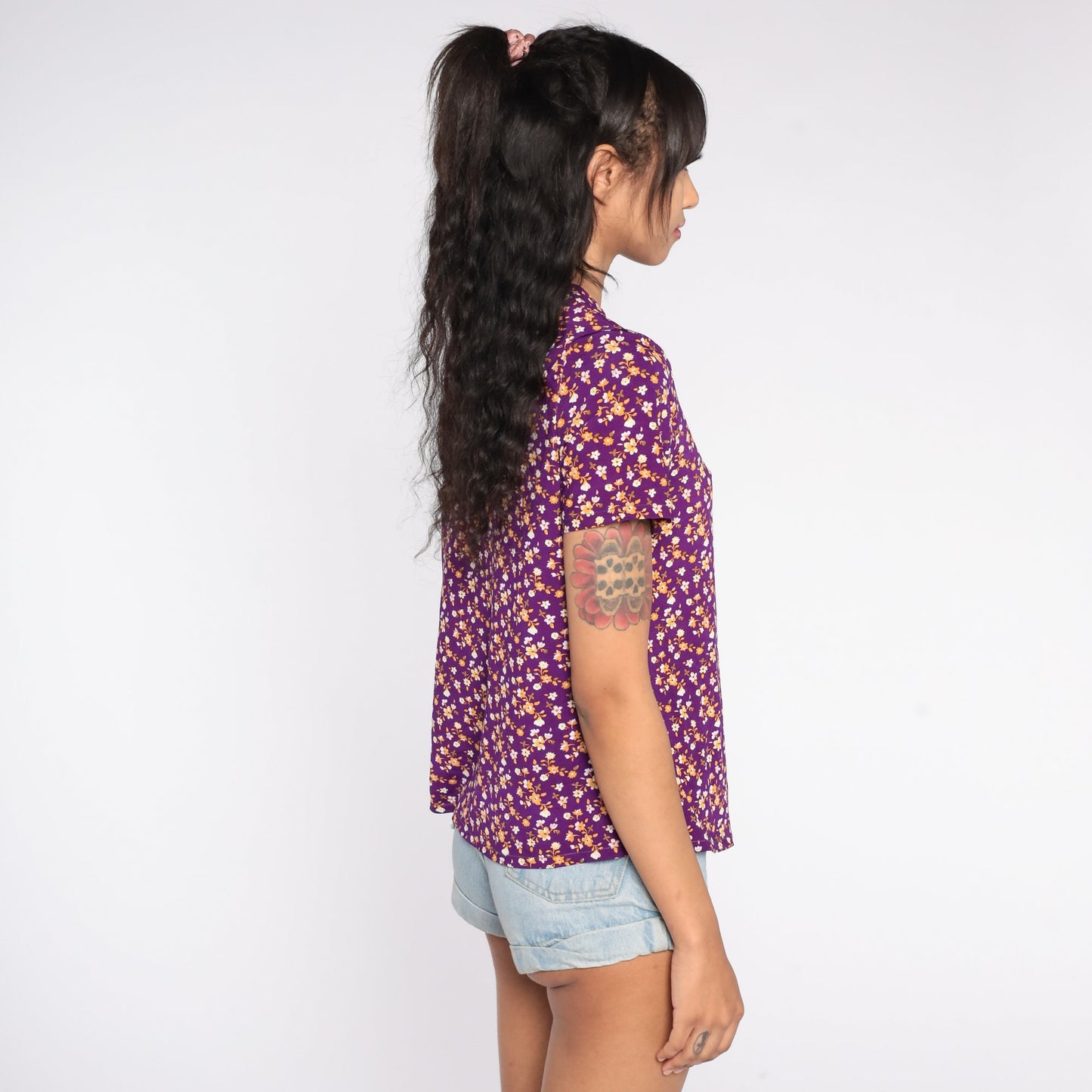 90s Purple Floral Button-Up Blouse Short Sleeve Shirt Large