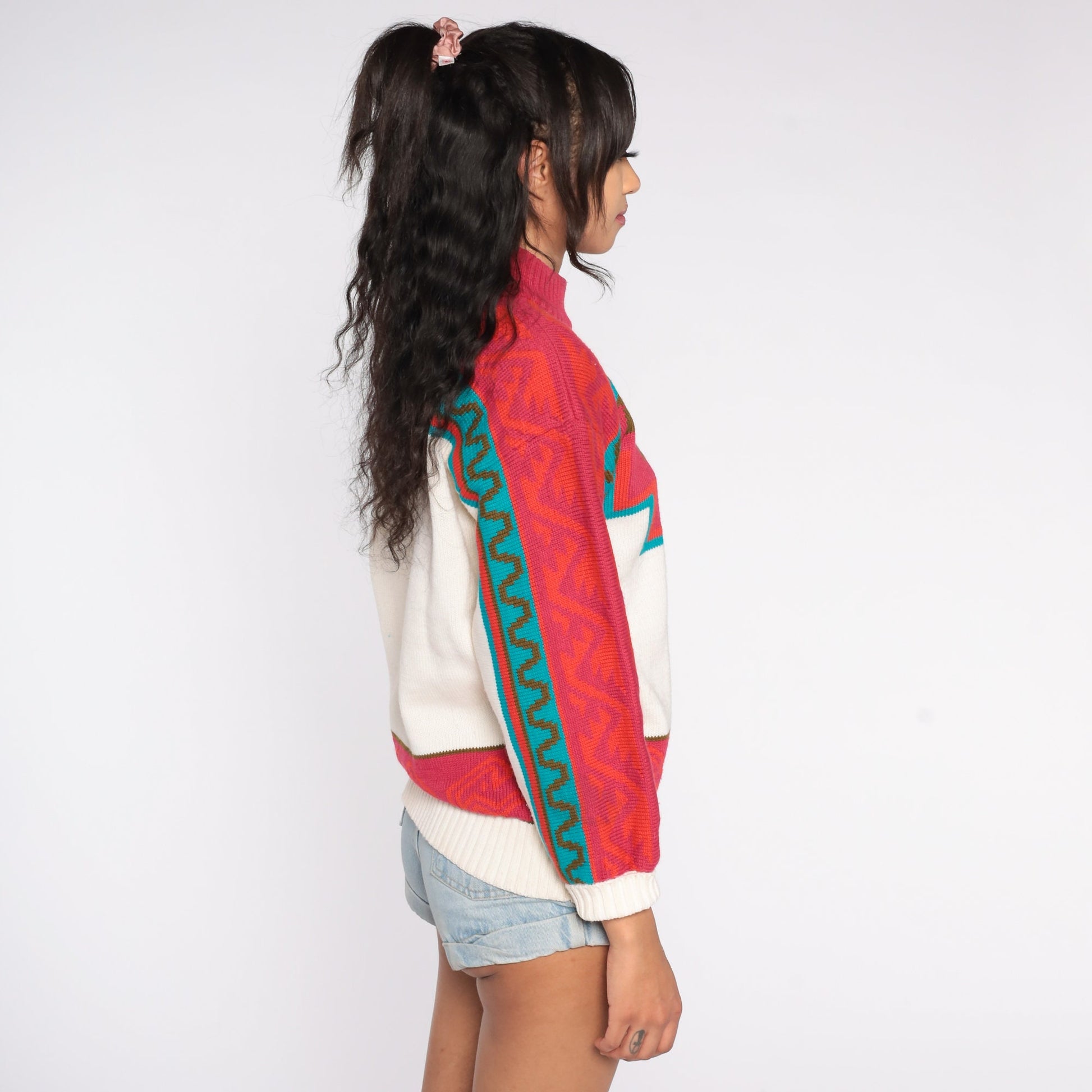 80s Southwestern Geometric Mock Neck Sweater Red Blue White Wool Blend Small